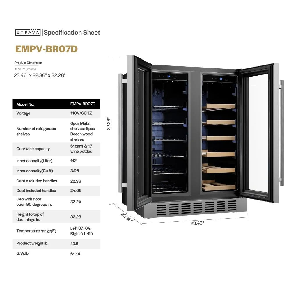 Empava 24 inch Dual Zone Wine and Beer Fridge Beverage Cooler