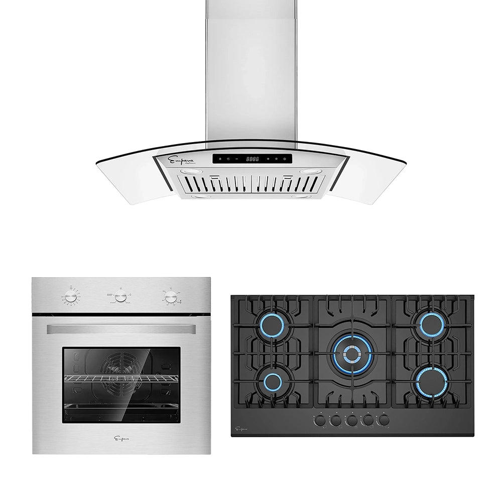 3 Pieces Kitchen Appliances Packages / 36" Gas Cooktop & 36" Range Hood & 24" Wall Oven-EMPV-36RH09 & EMPV-36GC27 & EMPV-24WO10L