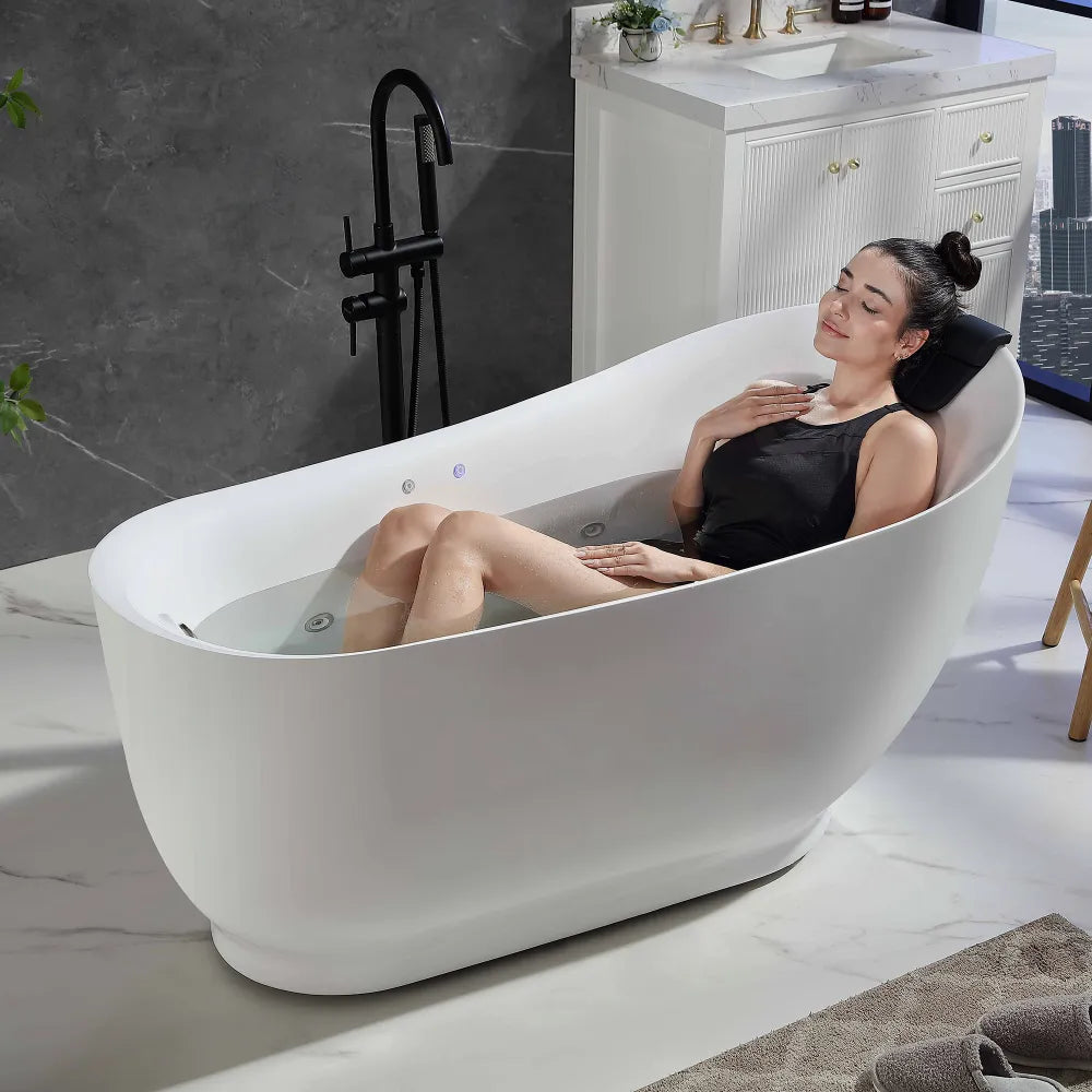 Baignoire îlot ovale à hydromassage en acrylique blanc de 59 po avec drain à droite