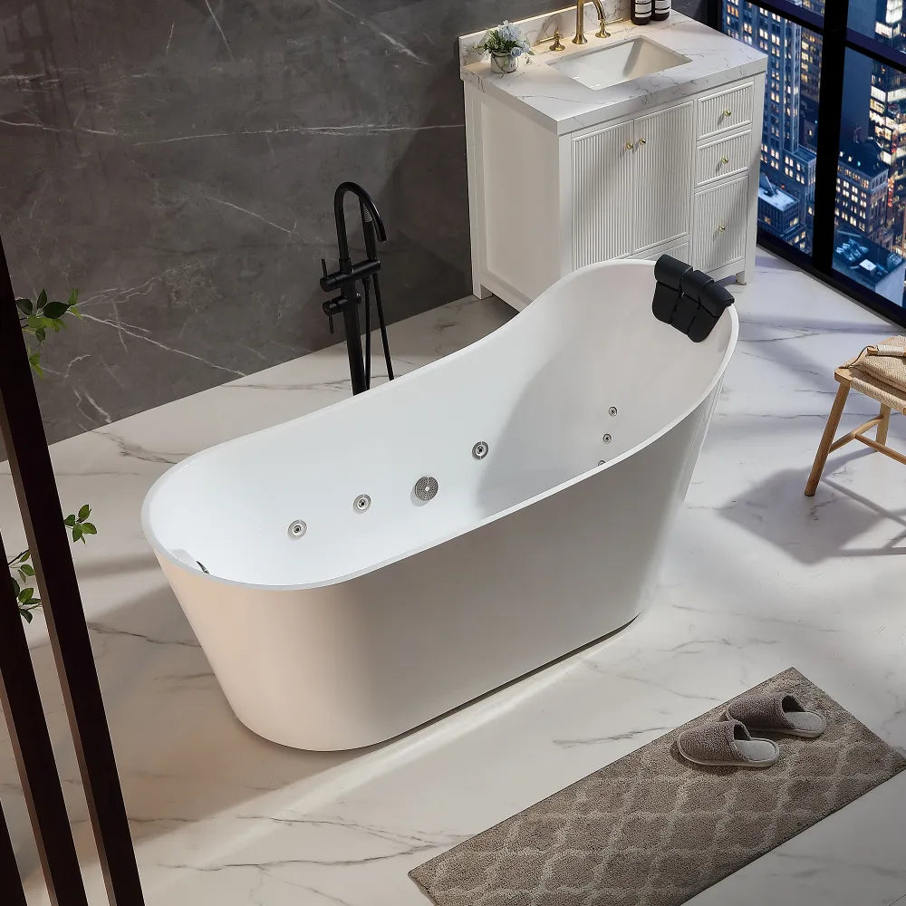 67" White Acrylic Oval Freestanding Whirlpool Tub with Right Drain