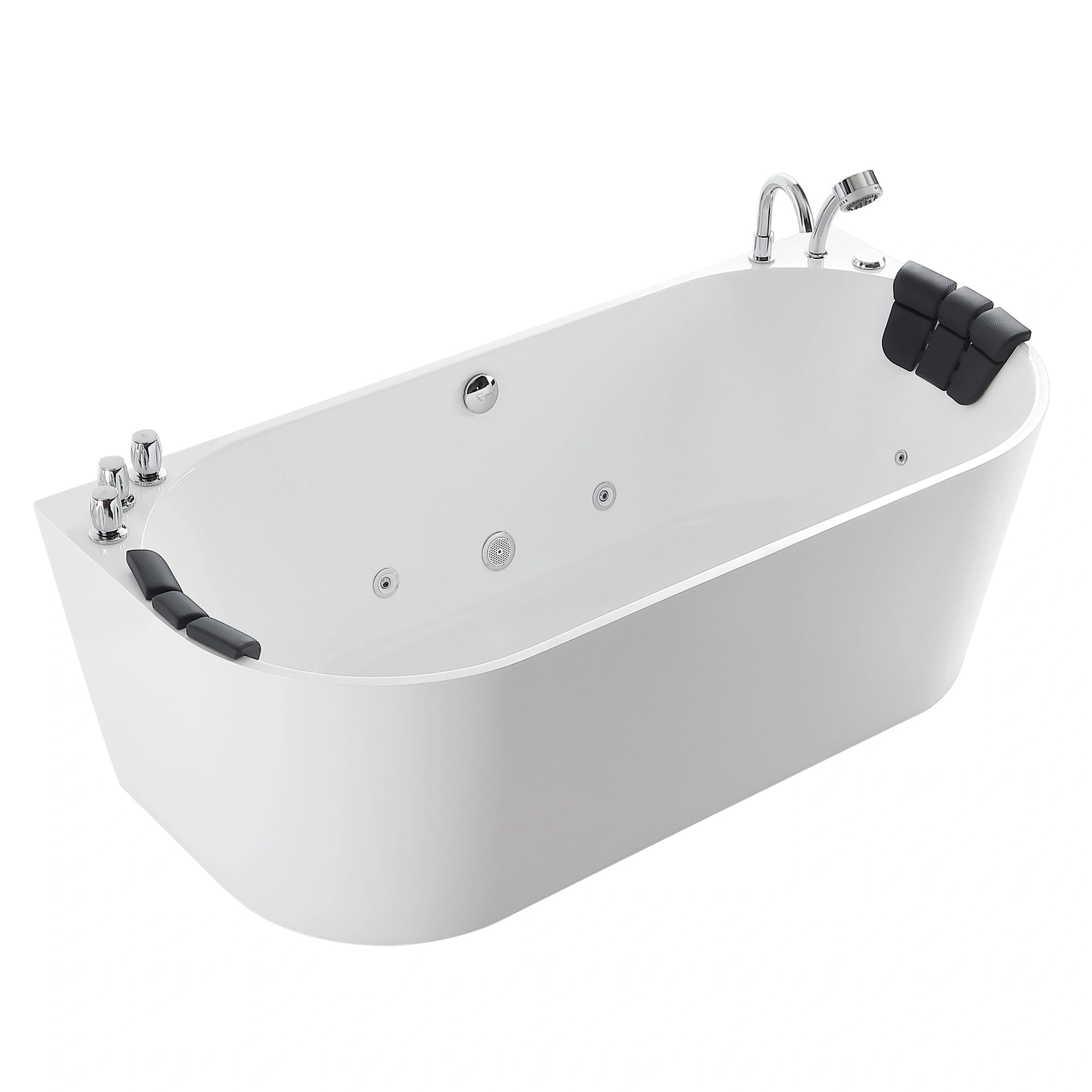The 71" Freestanding Hydro Massage Whirlpool Bathtub with Center Drain is a modern white soaking bathtub featuring a sleek double-ended design with chrome fixtures, including a faucet, handheld showerhead, and control knobs. Constructed from acrylic for durability and insulation to retain warmth, this tub offers built-in headrests on both ends and jets for an immersive hydrotherapy massage experience.