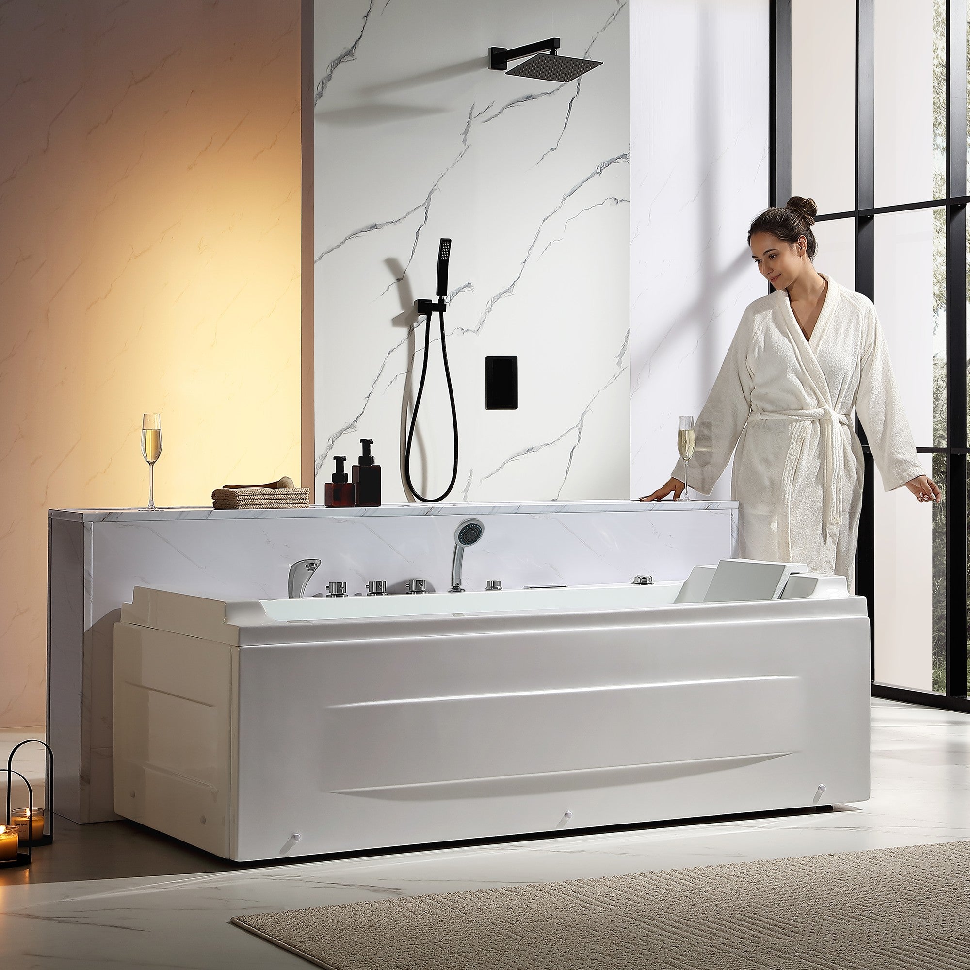 Empava 71 inch Alcove Whirlpool Air Combination Jetted Bathtub with Inline Heater & Waterfall