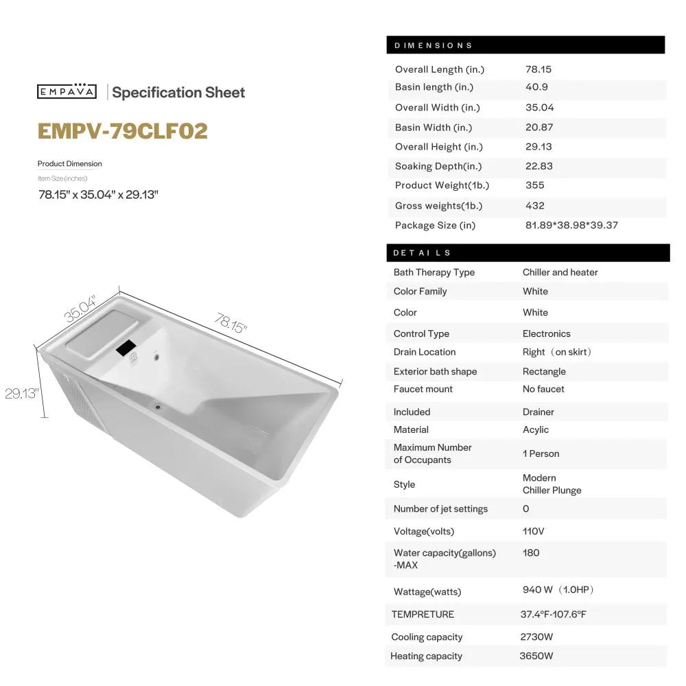 79" Cold bath White Acrylic Rectangle Freestanding Soaking Bathtub with Right Drain