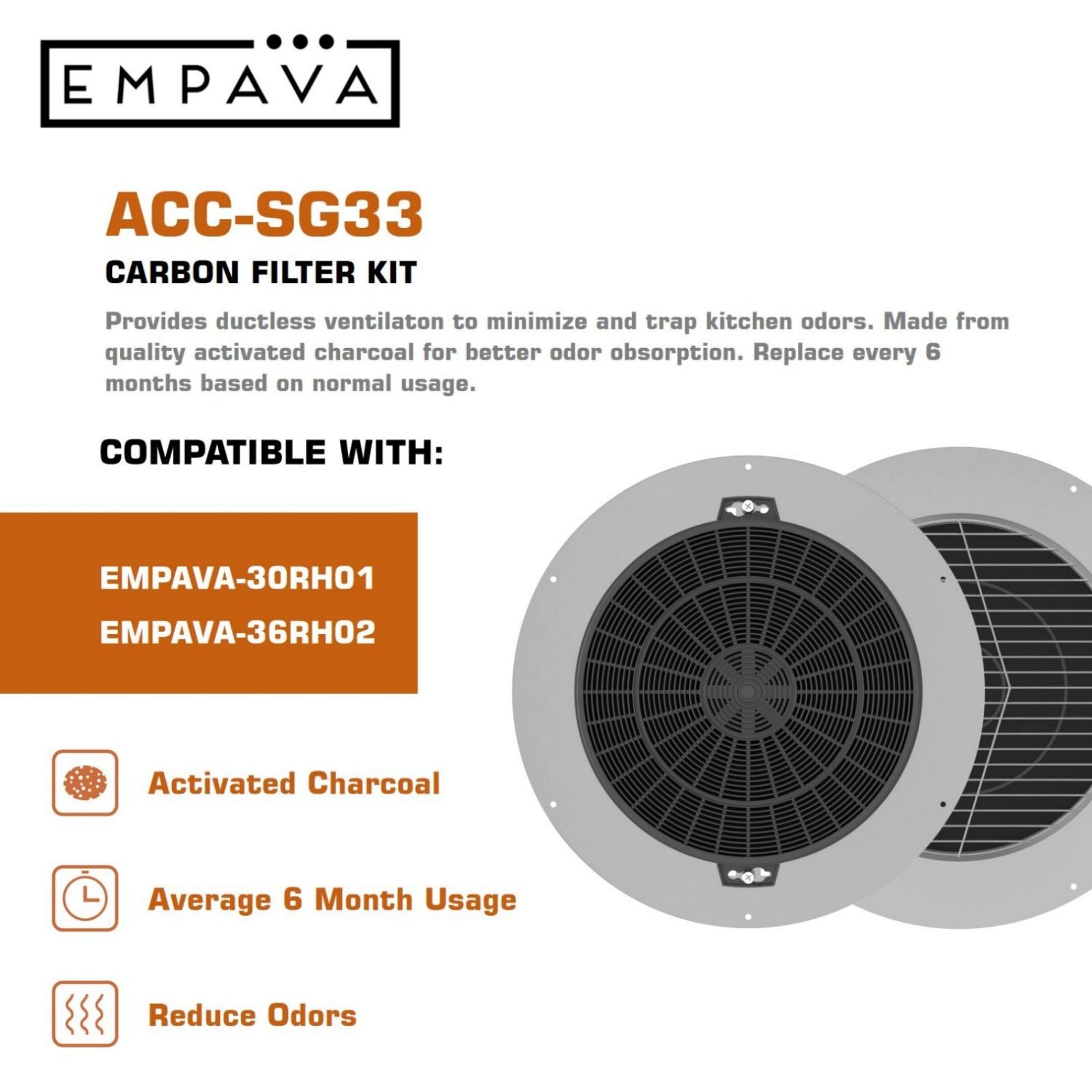 Empava Replacement Charcoal Filters for Ductless Range Hoods 30RH01 & 36RH02 (2-Pack)