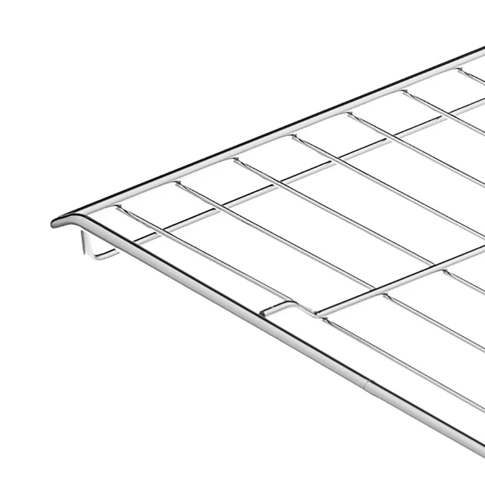 Close-up of the Empava 24 Inch Wall Oven Rack corner, showcasing its shiny chrome finish and simple, clean lines. The focus is on the right edge of the rack, capturing details of its construction against a plain white background.