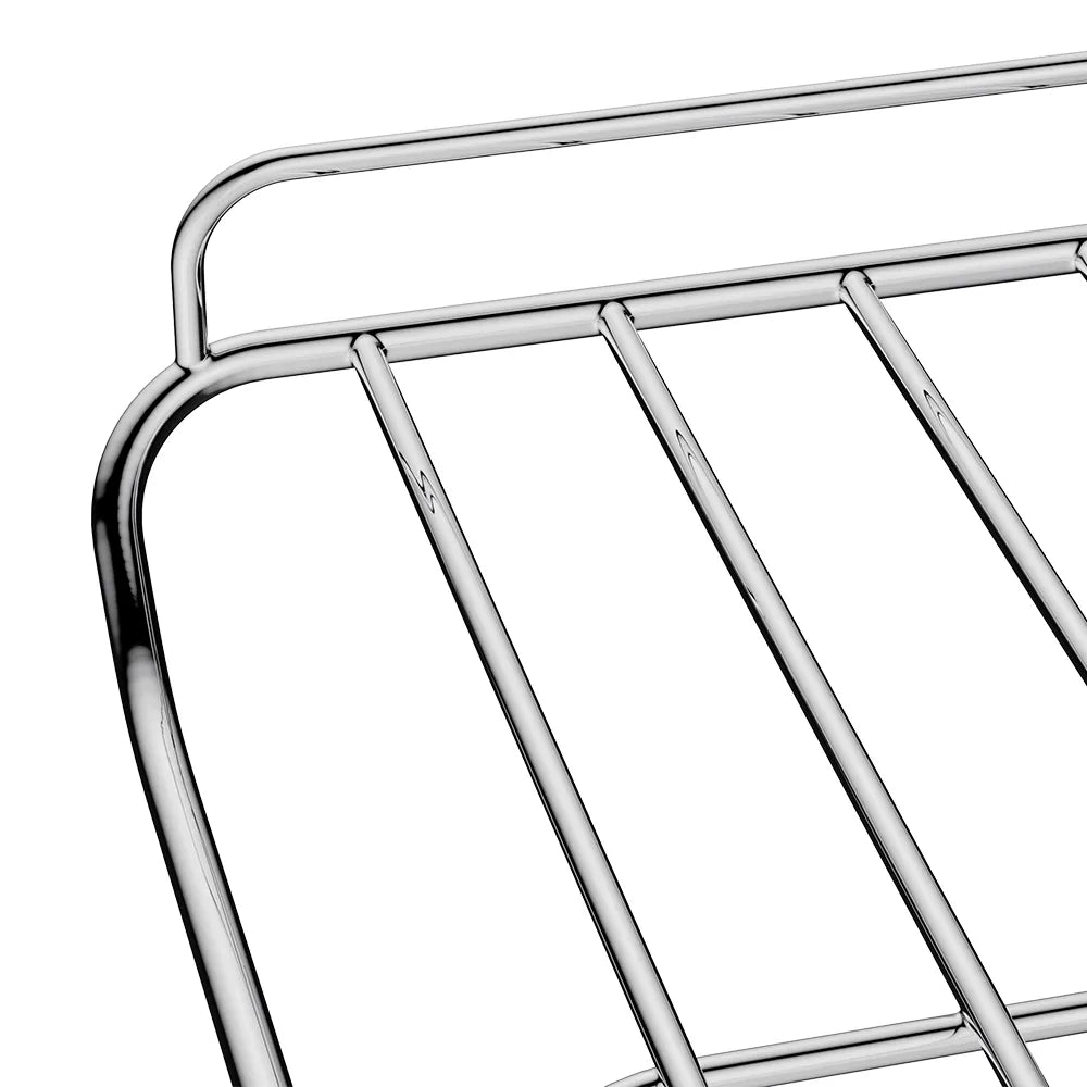 Close-up of the Empava 24 Inch Wall Oven Rack corner, showcasing its shiny chrome finish and simple, clean lines. The focus is on the right edge of the rack, capturing details of its construction against a plain white background.