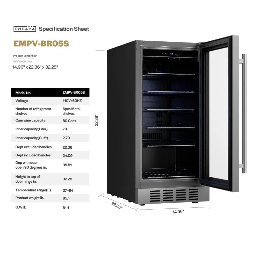 Empava 15 Inch Beverage Refrigerator with Glass Door 80 Cans