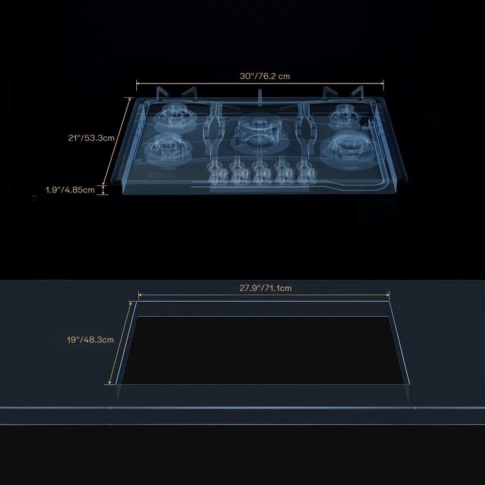 EMPV-30GC21-GX stainless steel gas stove cooktop size chart