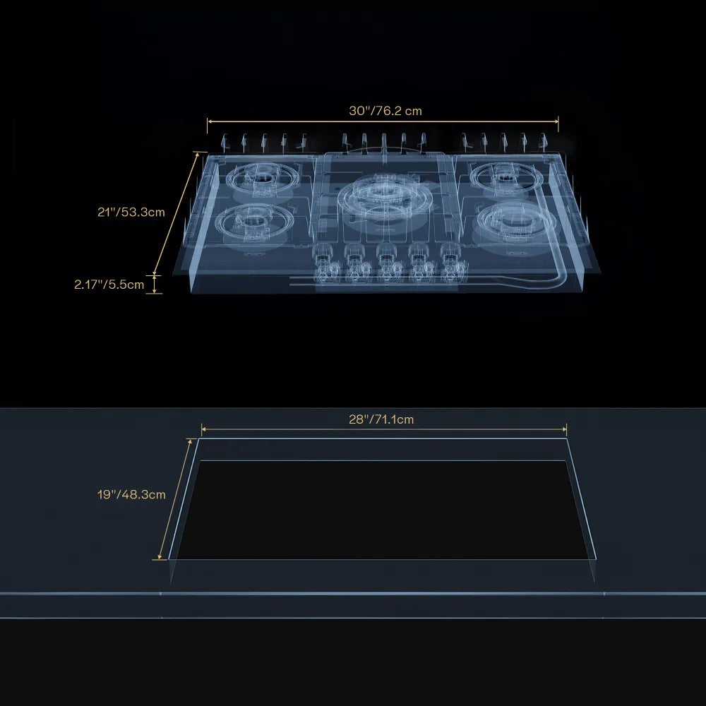 EMPV-30GC26-GX black gas stove cooktop size chart