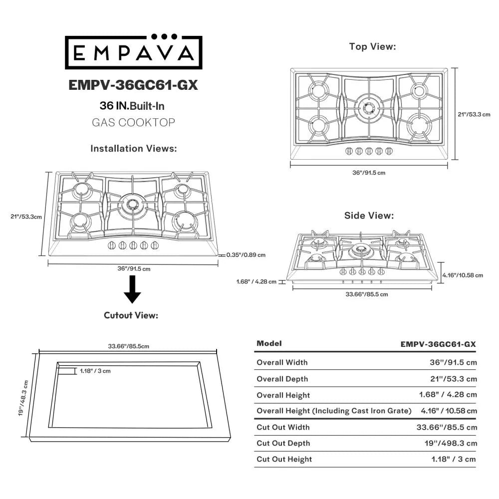 Table de cuisson au gaz Empava 36 pouces 5 brûleurs