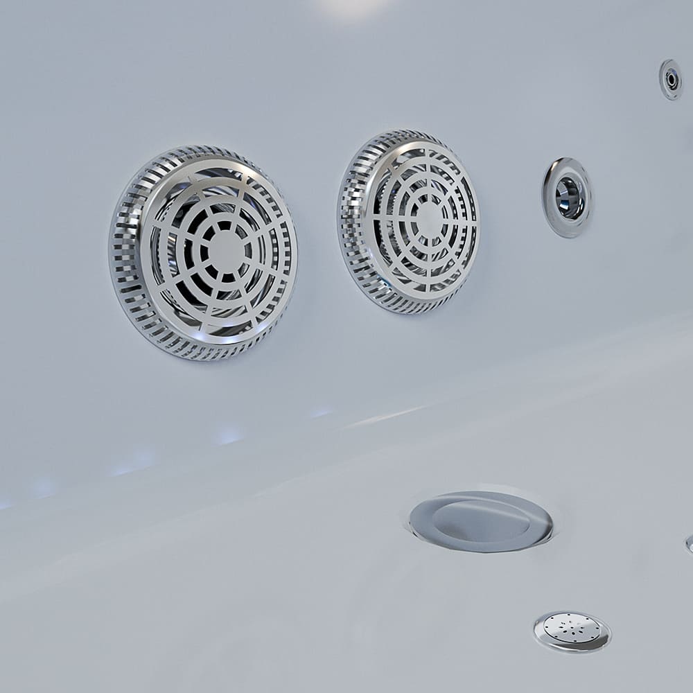 Close-up view of the interior of the Empava 71 in. Freestanding Combination Massage 2-Person LED Tub With Center Drain, featuring two round, metallic jet outlets with intricate grille designs on the side. Several small round drainage and functional openings are visible on the tub's surface, ideal for neck massage and deep pore cleansing. The clean, white bathtub offers Revi-Skin Therapy benefits.