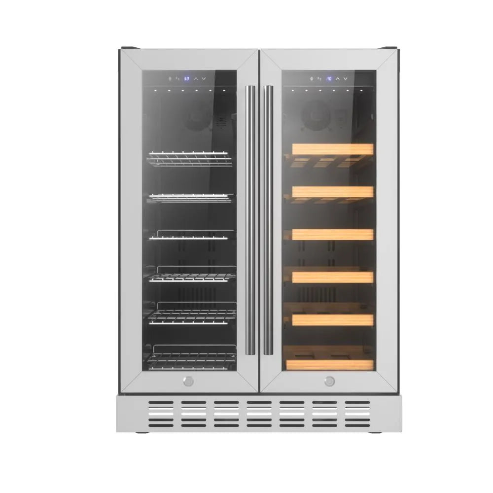The Empava 24" Dual Zone Wine and Beer Fridge Beverage Cooler features a sleek stainless steel frame.