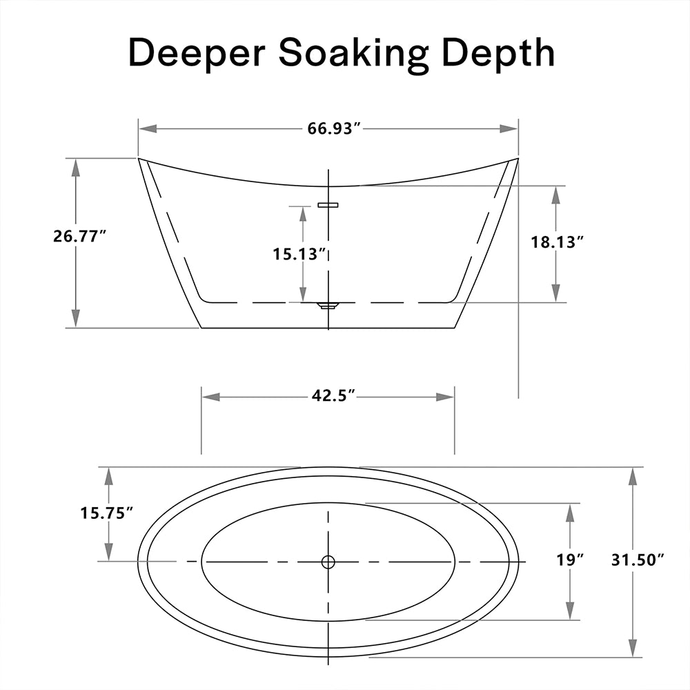 Technical drawing of the 67" Freestanding Soaking Tub with Center Drain, showcasing its dimensions. Crafted from lightweight acrylic material, the tub measures 66.93 inches in length, 31.50 inches in width, and 26.77 inches in height. It features a soaking depth of 18.13 inches and a top width of 42.5 inches, with inner bottom dimensions of 15.13 by 19 inches.