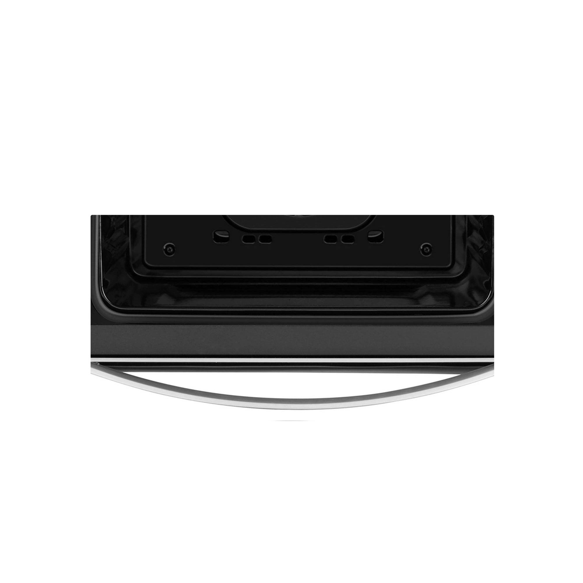 Close-up view of the front panel of a modern Empava 24 in. Electric Single Wall Oven, featuring a sleek black design with a stainless steel handle. The oven door is slightly open, revealing a glimpse of the interior.