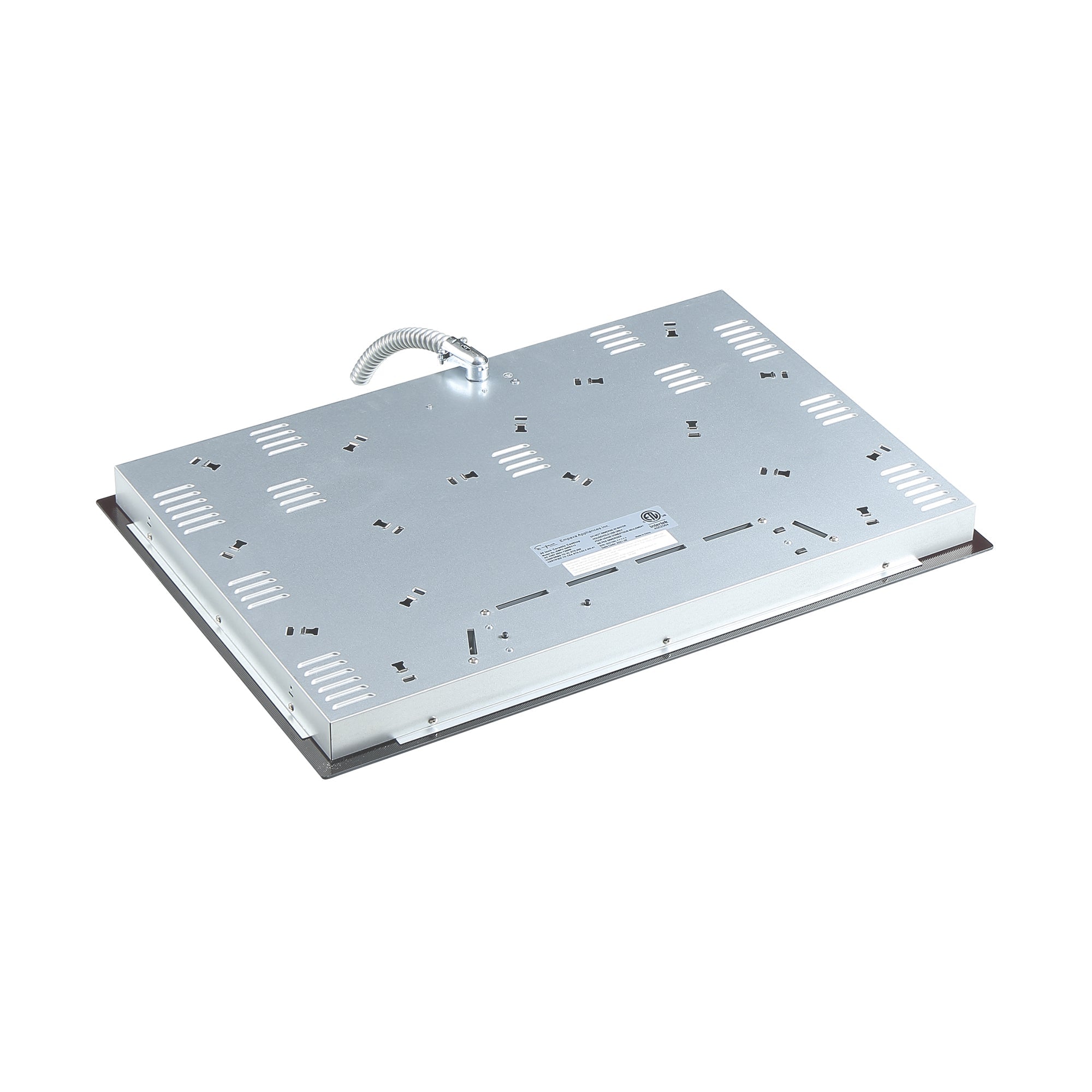 The image displays a rectangular metal electrical casing featuring various perforations and cutouts. A flexible conduit is connected to the top side, and there is a label with technical specifications in the center. This silver-toned casing has a quality reminiscent of Empava's 30 Inch Black Electric Radiant Cooktop.