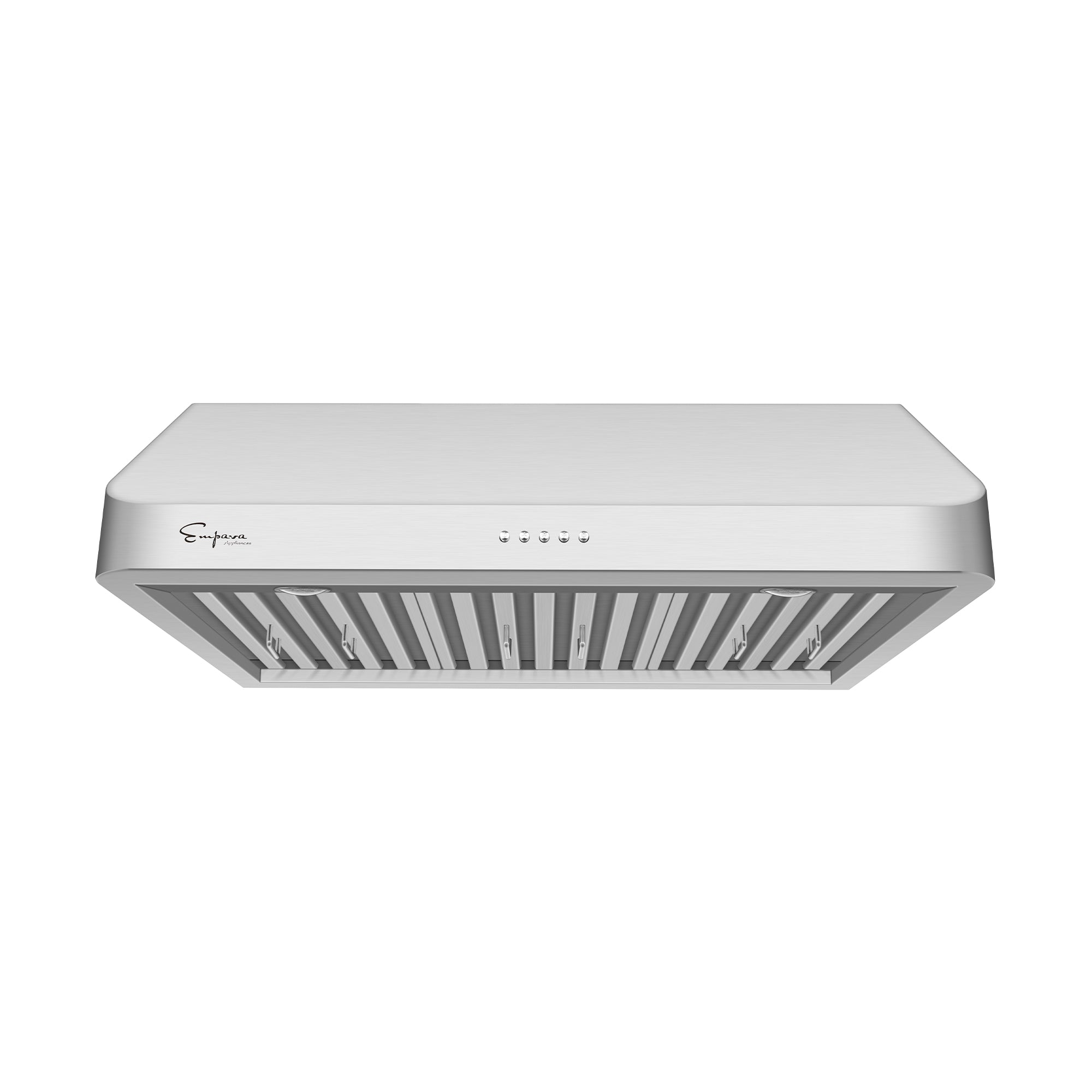 An Empava 30 in. Ducted 500 CFM Under Cabinet Range Hood is mounted on a white background, boasting a modern design. It features multiple control buttons on the front panel and several ventilation slats underneath for efficient airflow and effective smoke extraction.