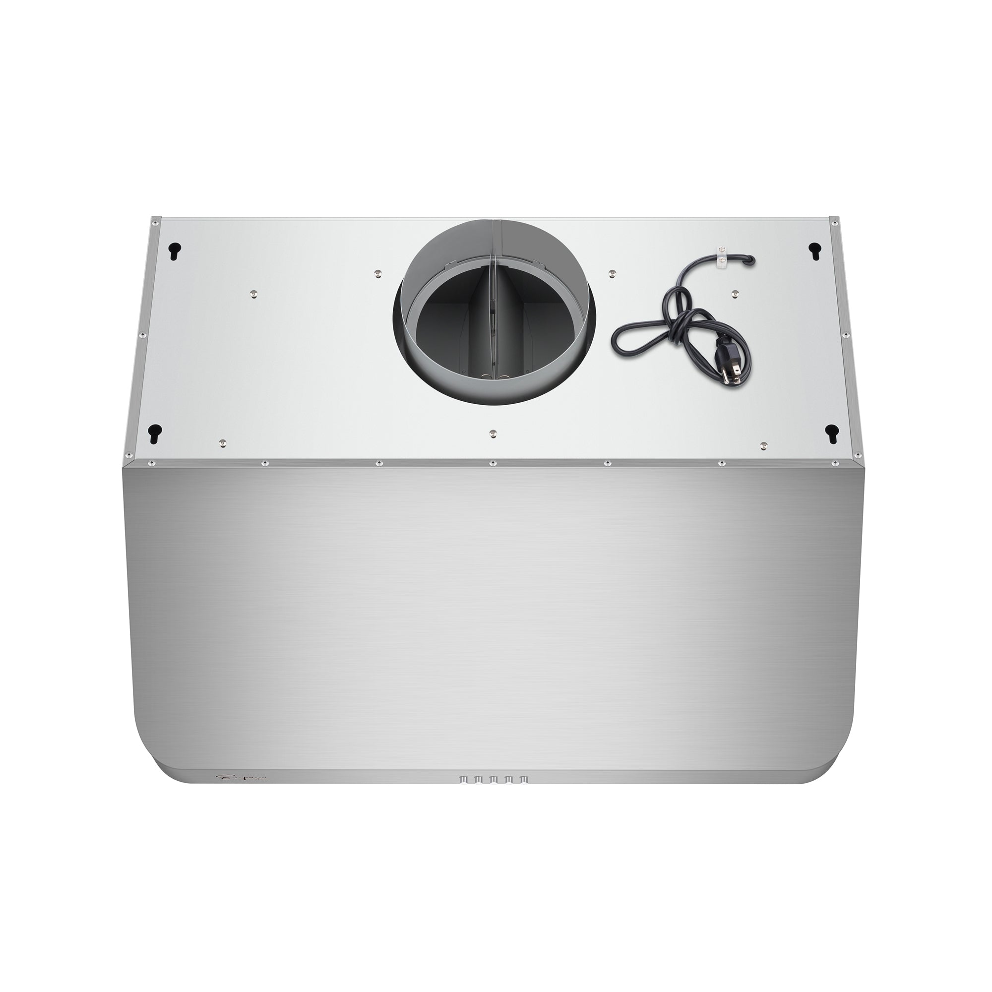The Empava 30 in. Ducted 500 CFM Under Cabinet Range Hood features a rectangular shape and is made of stainless steel. Viewed from the top, it has a circular central vent opening and a black power cord extending from the top right corner. The surface is smooth with a minimalist design.