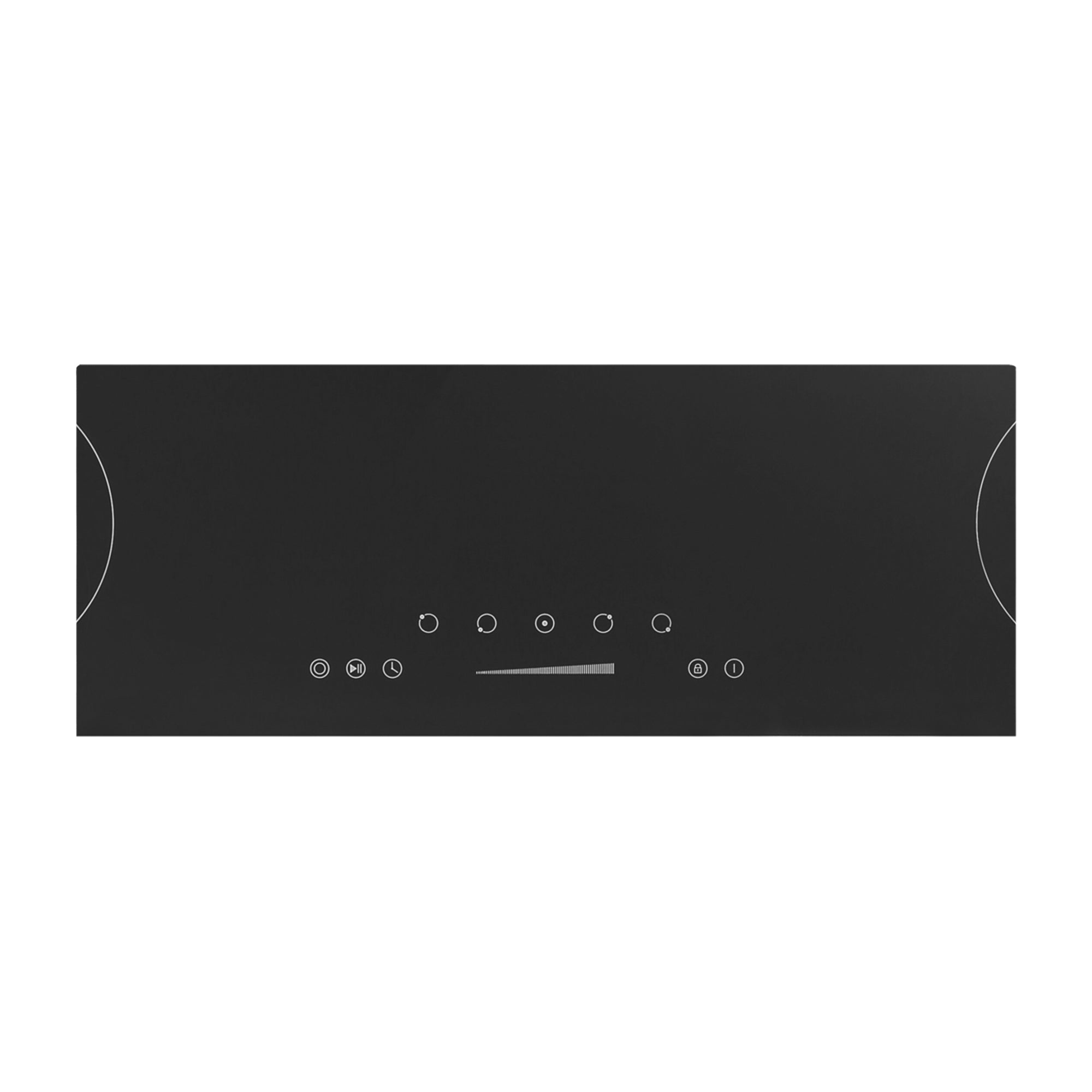 The Empava 36 Inch Black Electric Radiant Cooktop boasts a sleek, black, rectangular touch control panel with a minimalistic design. It features an array of small, circular touch buttons in the center and curved lines at both ends that may indicate touch zones or functional areas, engineered to efficiently manage 5 burners with 6 power settings.