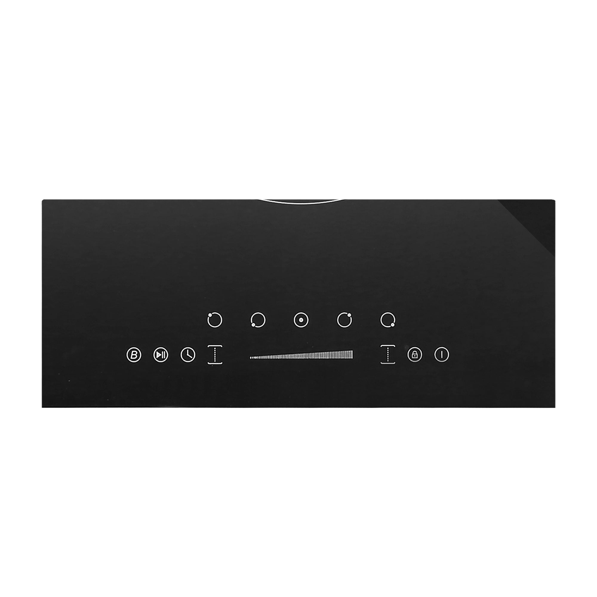 Here's an up-close look at the touch control panel of the Empava 36 Inch Black Electric Stove Induction Cooktop, featuring various white icon buttons including a power button, timer, plus and minus buttons, and other function symbols for its 3600W burners.