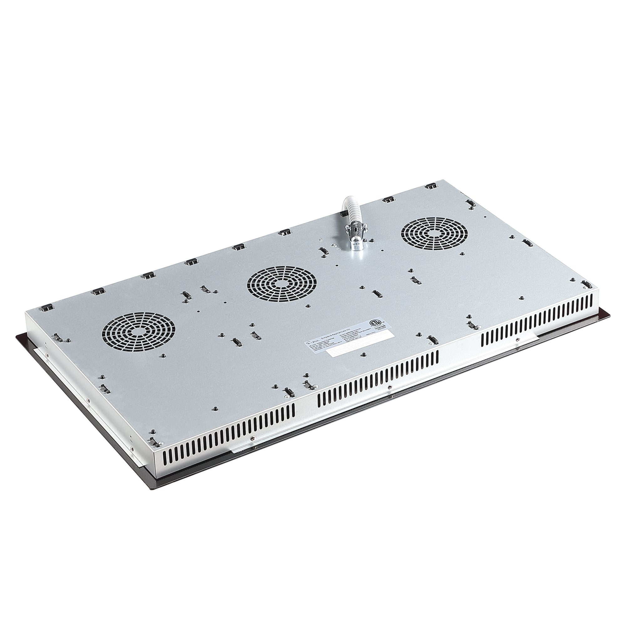 The image shows the rear view of an Empava 36 Inch Black Electric Stove Induction Cooktop with a metallic casing, featuring multiple venting holes and cooling fans. There is also a power input and a label with text and logos. The 3600W device rests on a flat white surface.