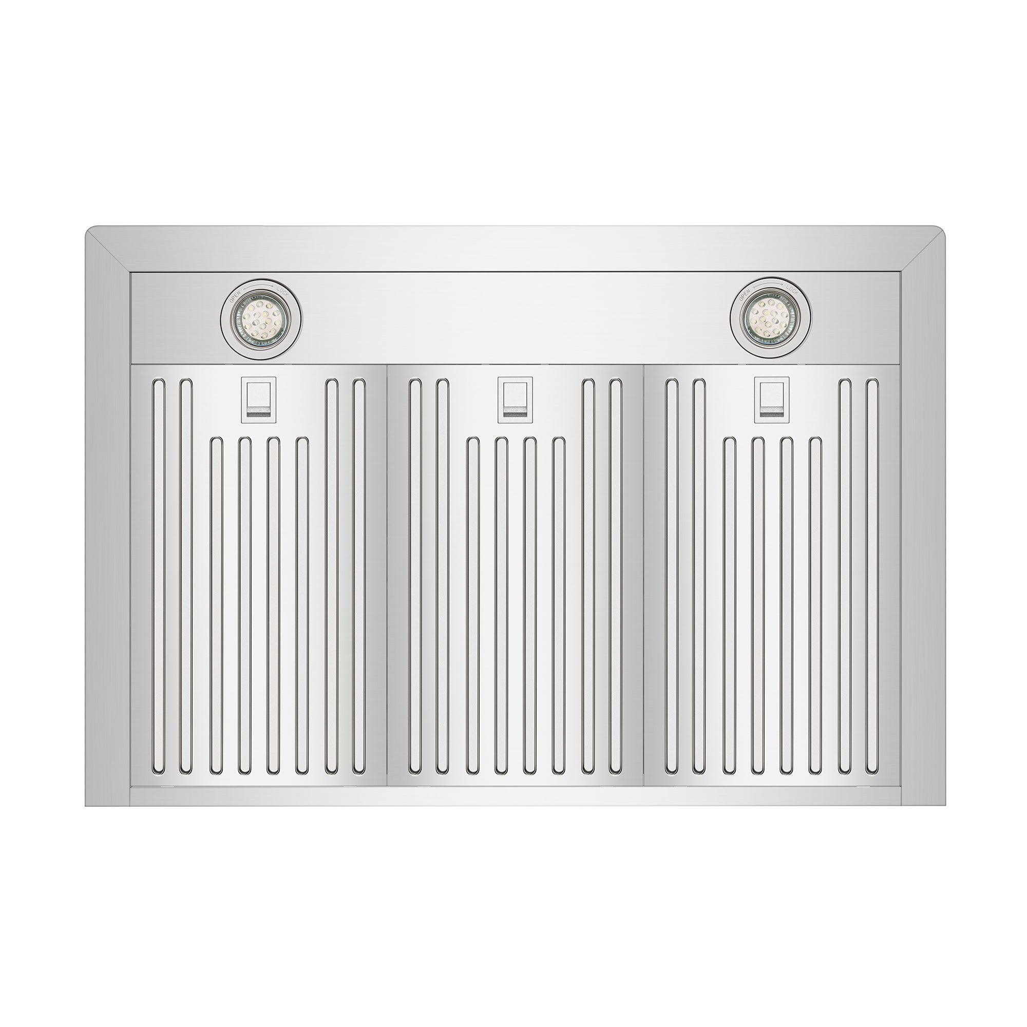 The Empava 36 in. 380 CFM Ducted Wall Mount Range Hood features a stainless steel filter and is equipped with two round LED lights positioned on the top left and right corners. This range hood has three vertical baffle sections, each with small rectangular handles in the middle, and can be conveniently remotely controlled for added ease of use.