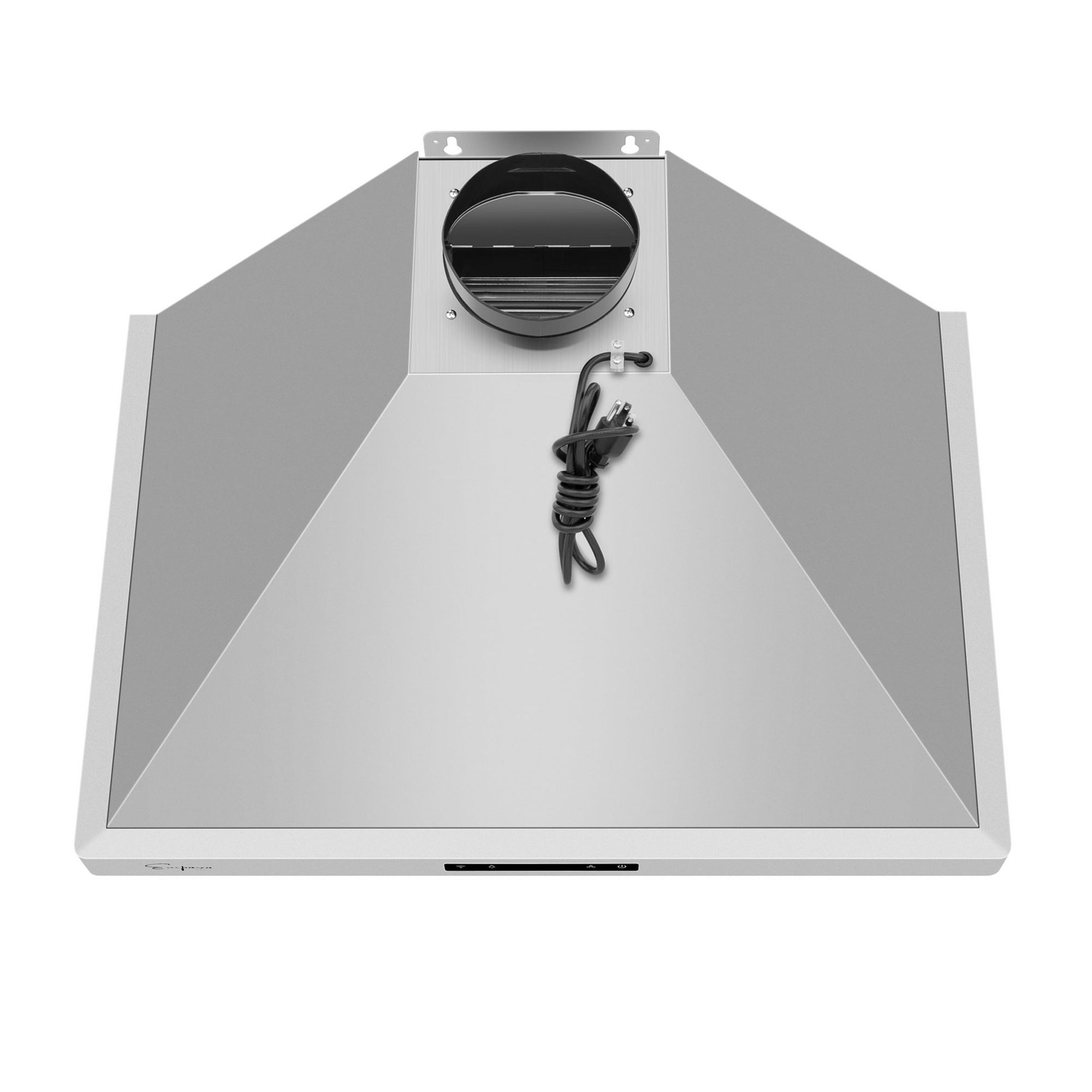 The Empava 36 in. 380 CFM Ducted Wall Mount Range Hood is shown from the front, boasting a modern silver aesthetic with a geometric design. It offers an efficient air volume of 380CFM for optimal ventilation and features a circular vent at the top along with a loosely coiled black power cord on its surface. Designed for installation above a kitchen stove, this range hood can be controlled remotely to effectively ventilate cooking smoke and odors.