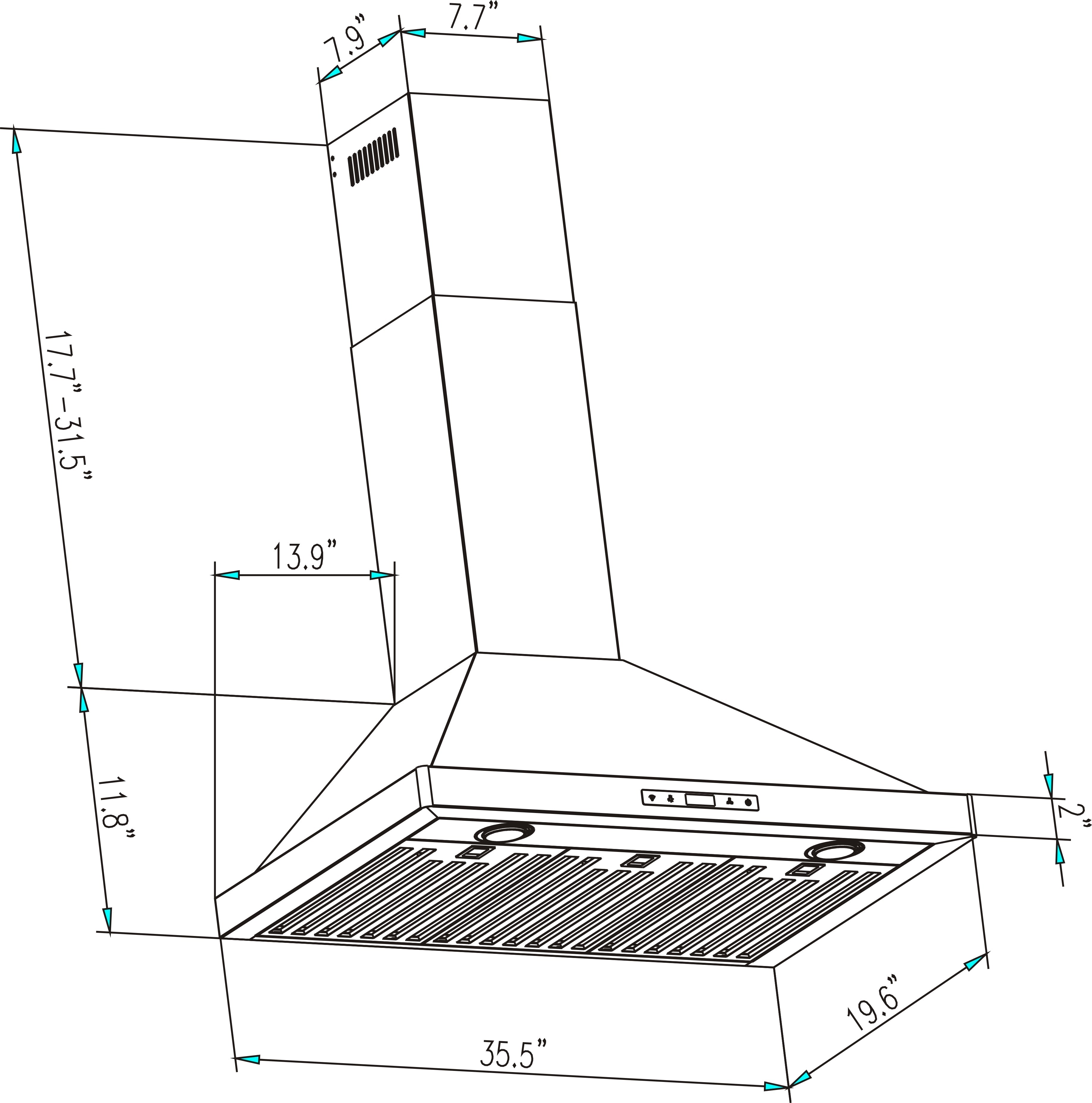 Illustrated line drawing of the Empava 36 in. 380 CFM Ducted Wall Mount Range Hood showcasing various measurements annotated. The top, adjustable portion ranges in height from 17.7 to 31.5 inches, with dimensions of 7.9 inches in width and 7.7 inches in depth. The main body measures 35.5 inches wide, stands at a height of 11.8 inches, and extends to a depth of 19.6 inches with its powerful design delivering a performance of 380 CFM.