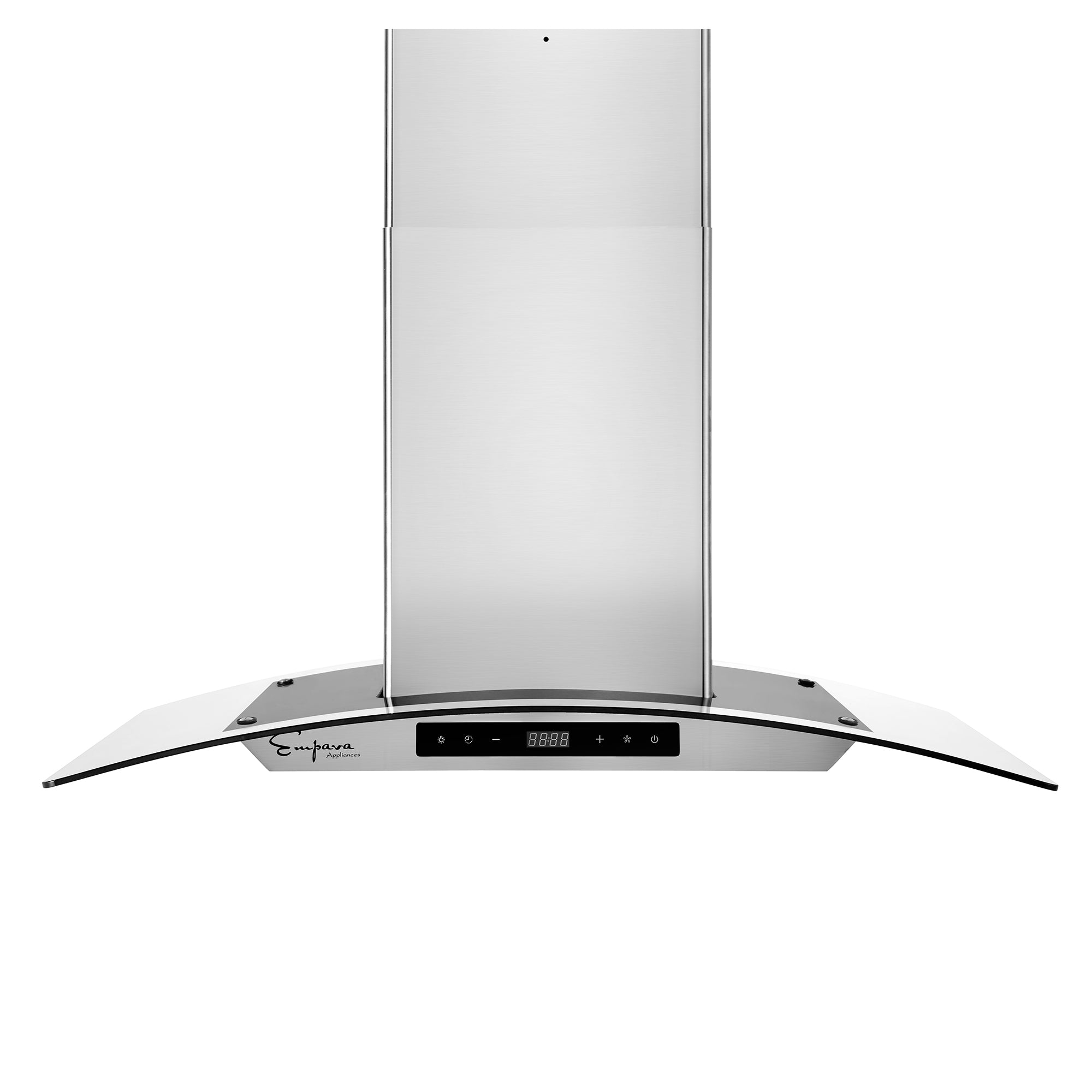 The Empava 36 in. 400 CFM Kitchen Island Wall Mount Ducted Range Hood boasts a sleek, modern design with a stainless steel finish and a curved glass canopy. Its control panel features a digital display and buttons for easy operation, allowing you to effortlessly adjust the 400 CFM airflow levels. The chimney extends upward, offering a minimalist aesthetic with the brand logo on the left side.