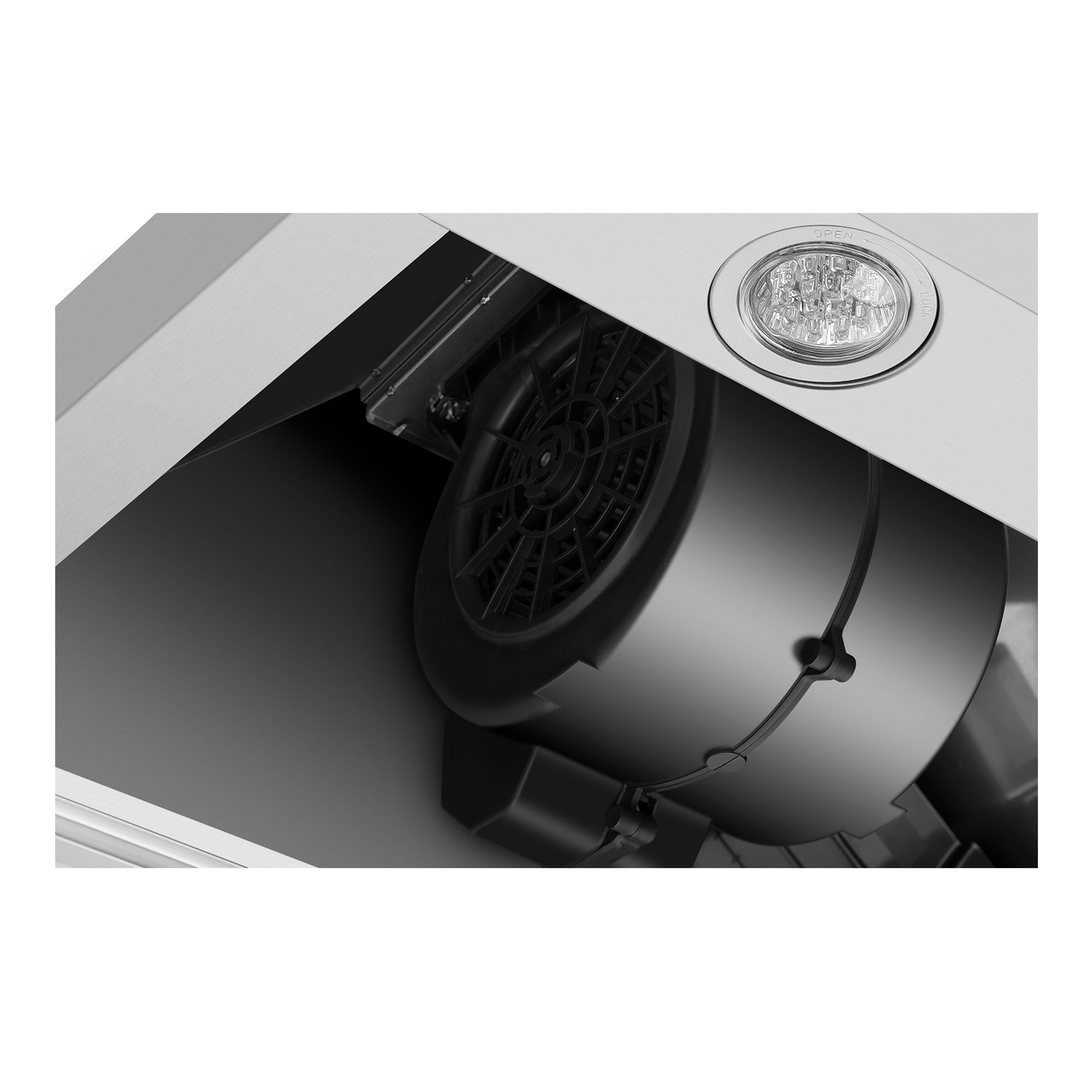 Close-up of the Empava 36 in. 400 CFM Kitchen Island Wall Mount Ducted Range Hood, highlighting the internal fan and a circular LED light. The 400 CFM fan features black blades and housing, and the image shows the technical build inside the hood.