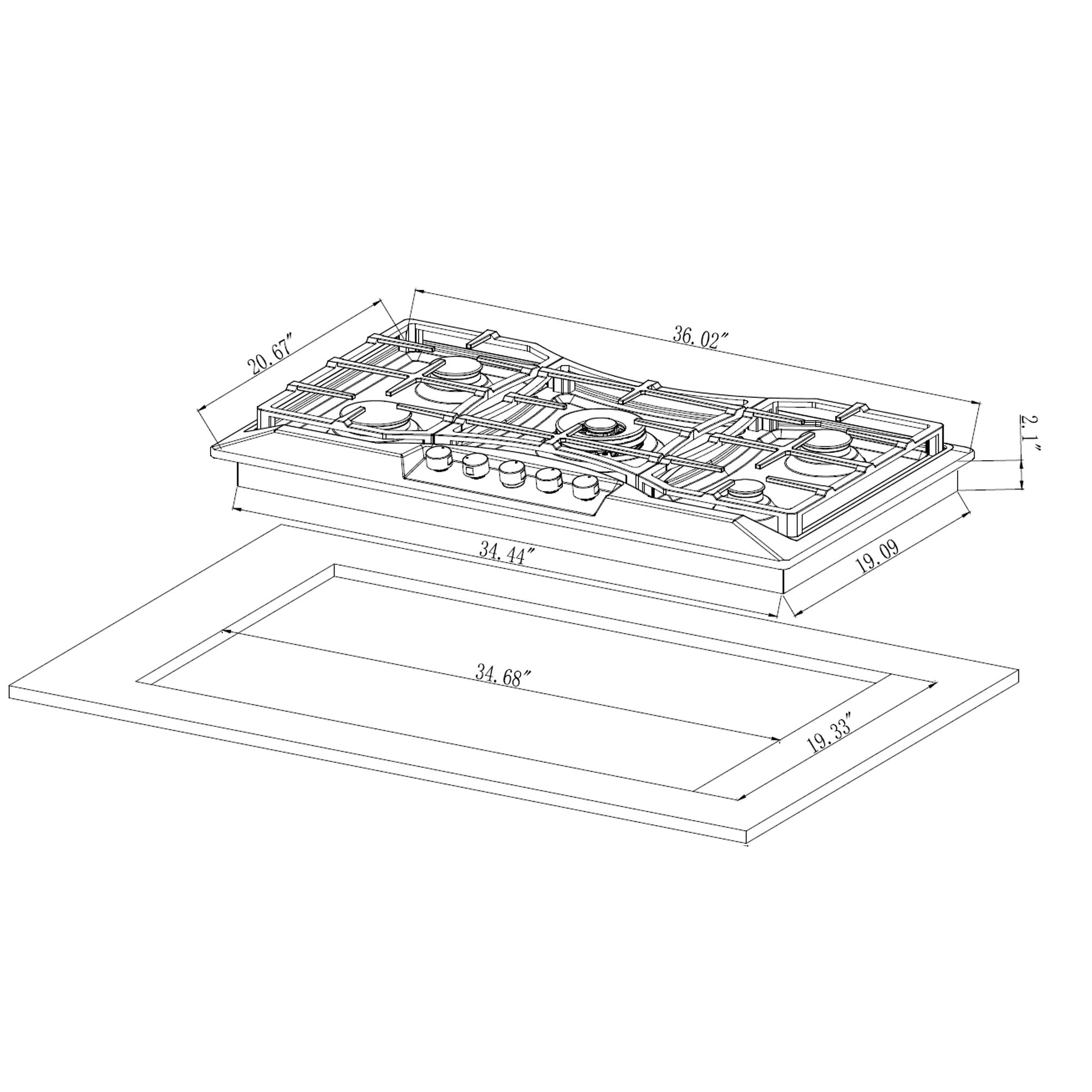 The technical drawing of the Empava 36 in. Built-in Gas Cooktop shows its dimensions: 36.00" wide, 21.00" deep, and 2.1" high. It fits into a counter opening that is 34.68" wide and 19.33" deep. This cooktop includes five burners with various BTU power levels and front-mounted control knobs compatible with LPG and NG energy sources.