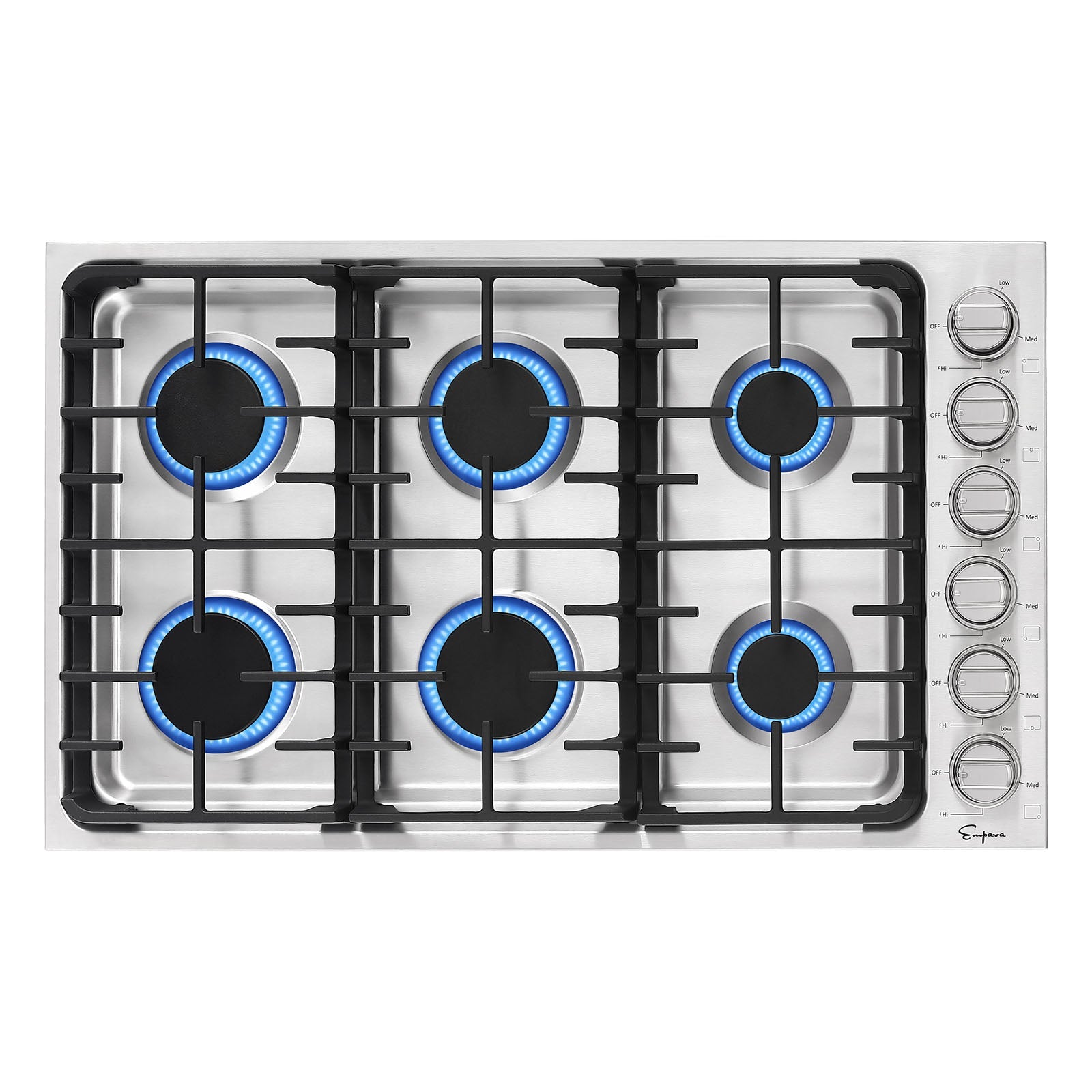 The Empava 36 in. Built-in Gas Cooktop is a stainless steel cooktop featuring five black burners, each powered by natural gas (NG) energy sources and surrounded by blue flames when lit. The cooktop is equipped with control knobs conveniently located on the right side.