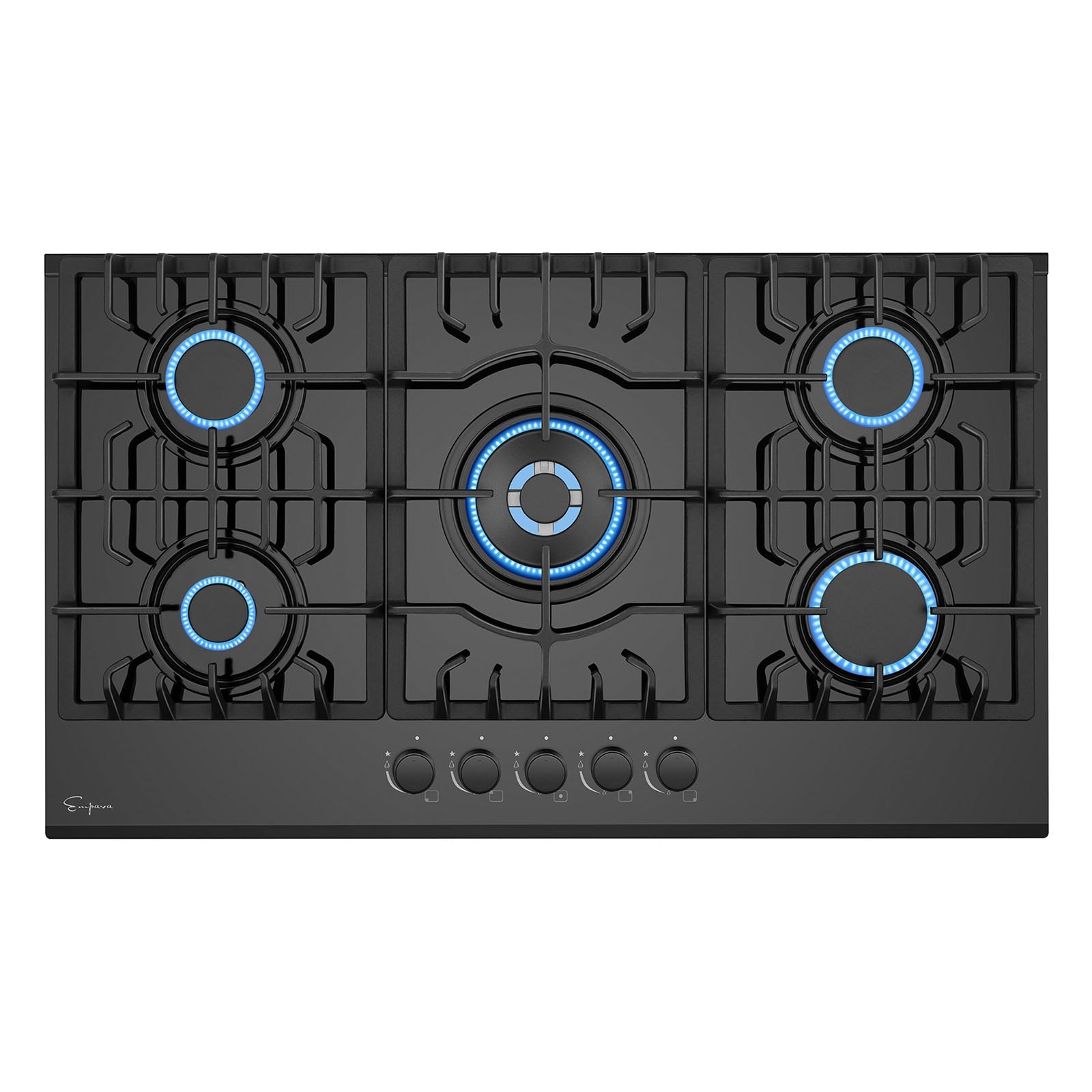 An Empava 36 in. Built-in Gas Cooktop, featuring a sleek black design and running on LPG, is displayed with vibrant blue flames illuminating each of its five burners. The burners are thoughtfully arranged in a rectangular layout, with the largest burner positioned at the center for optimal cooking versatility. Convenient control knobs are situated at the front of the stove for easy access and operation.