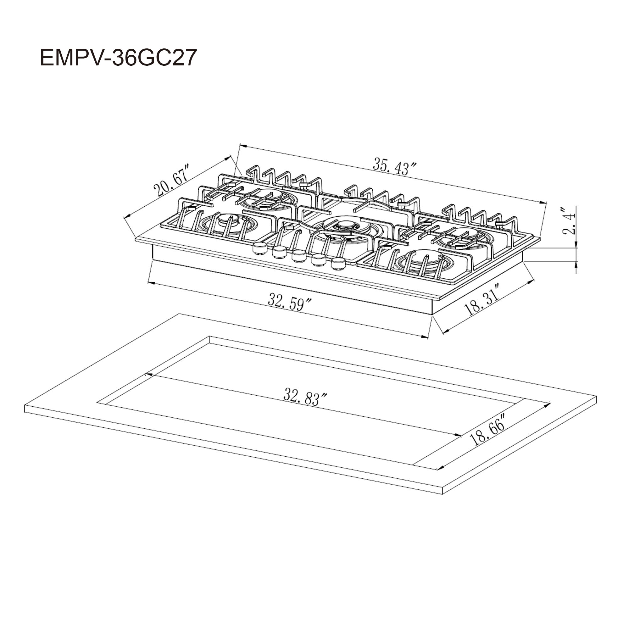 Line drawing of the Empava 36 in. Built-in Gas Cooktops showing dimensions. The cooktop, compatible with LPG and NG energy sources, is 35.43 inches wide, 20.66 inches deep, and 2.4 inches high. The cut-out dimensions are 32.83 inches wide and 18.66 inches deep. It features five burners with grates.