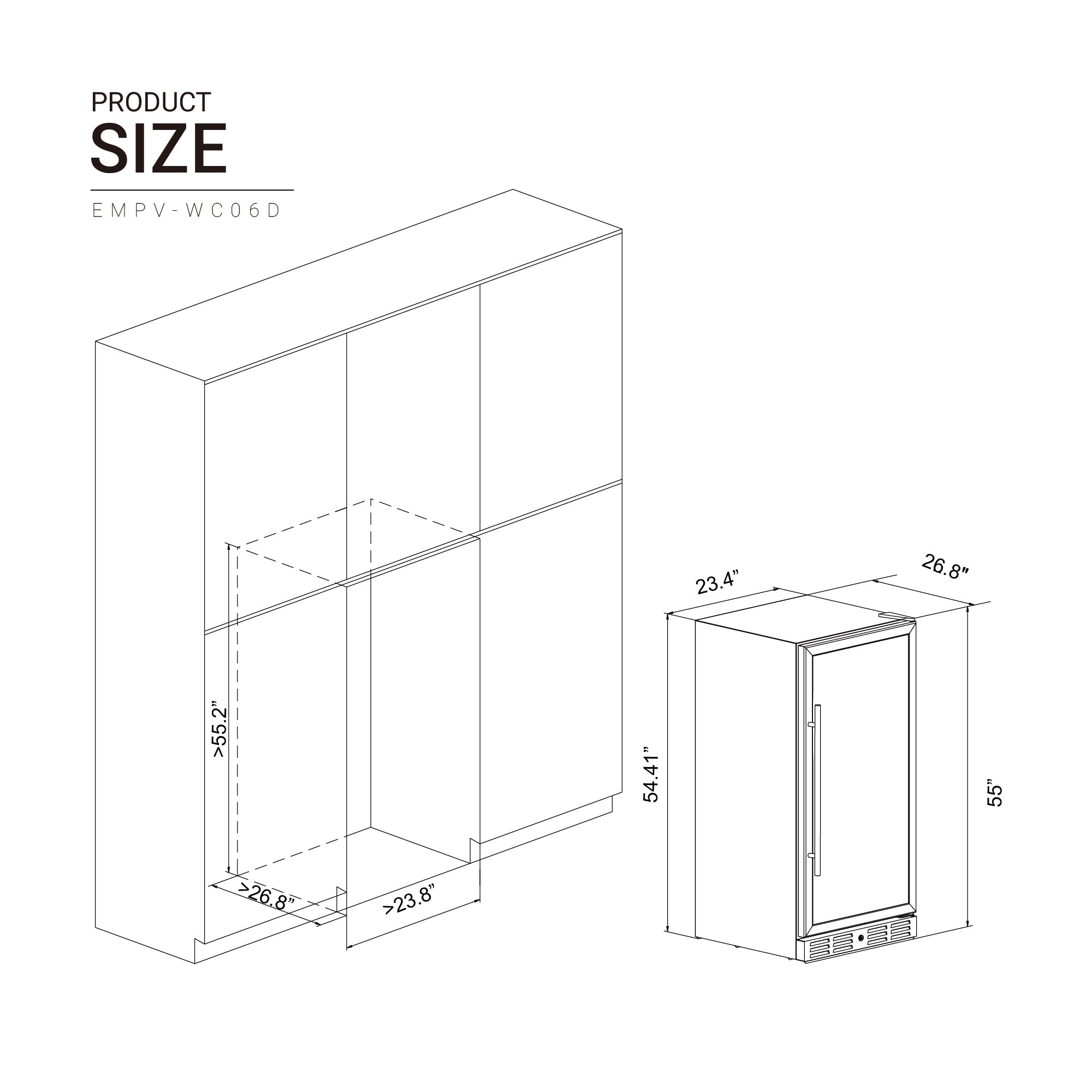 A technical drawing of the Empava 55" Tall Dual Zone 100 Bottle Wine Fridge, highlighting its dual temperature zones. The dimensions are 26.8" depth, 23.4" width, and 55" height. Installation requires a space of 65.2" height, 23.6" width, and 26.8" depth to prevent wine oxidization effectively.