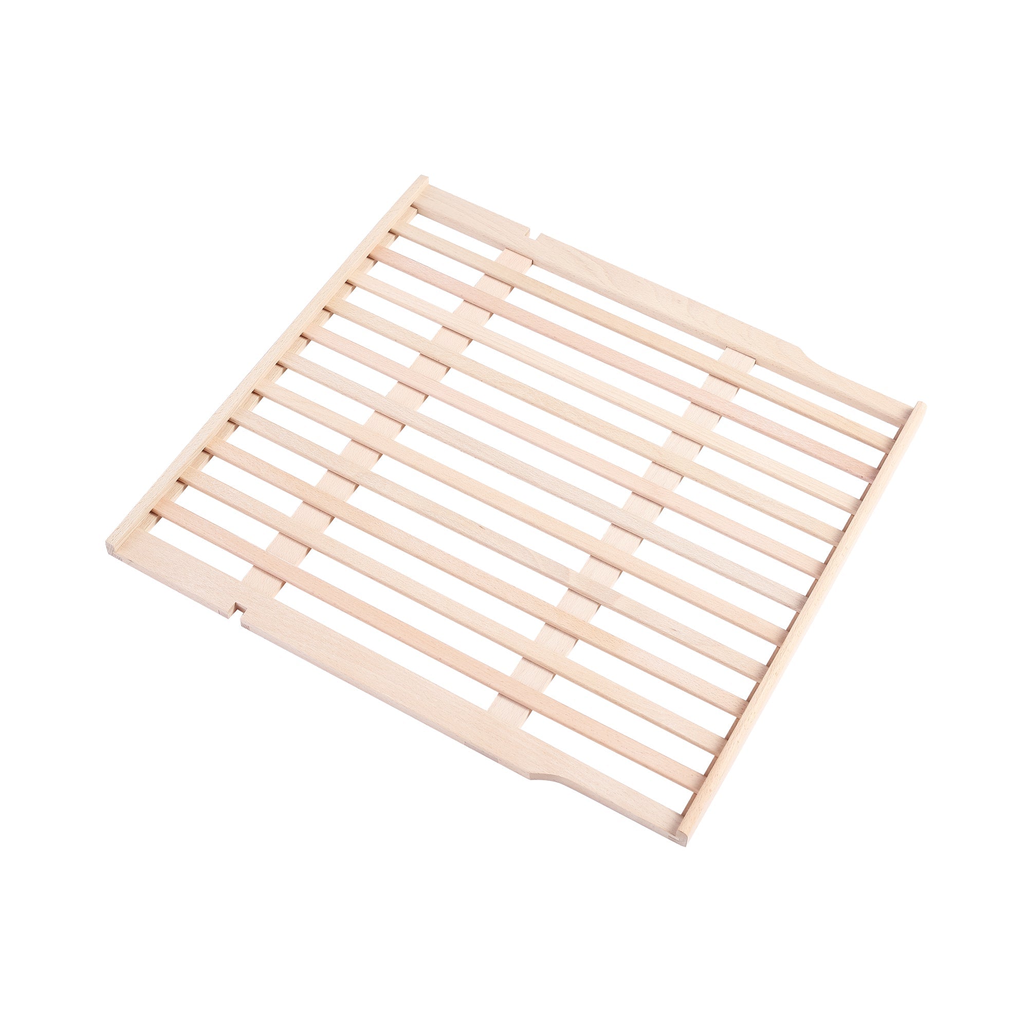 A trivet designed with evenly spaced, parallel wooden slats in a square shape, crafted from light-colored wood and featuring two cut-out handles on opposite sides for easy lifting and improved temperature control.
