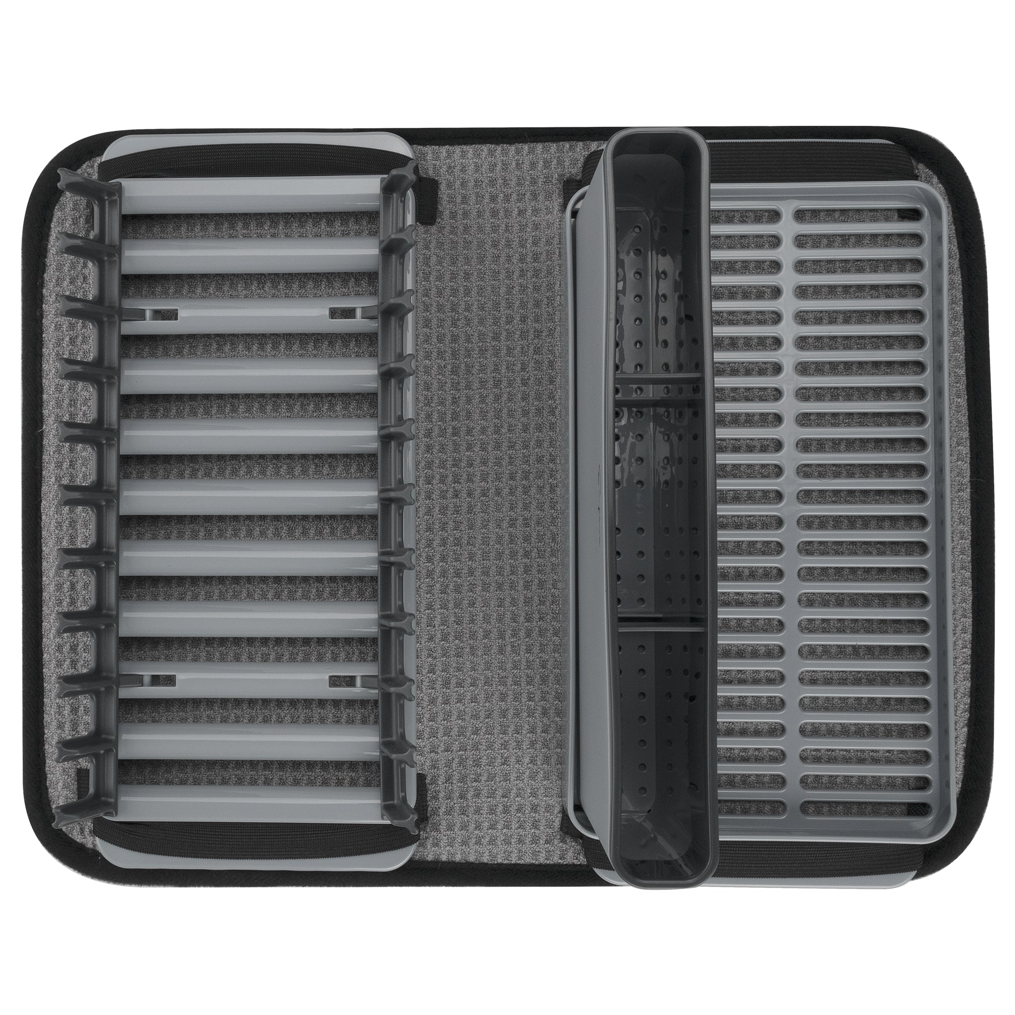The image features the Empava PP Drying Drainers Dish Rack EMPV-GIFT09, showcasing a gray design with a flat surface that has grooves for plates on the left and a taller container on the right for utensils. The base of the dish rack is surrounded by a dark border, and it appears to have silicone or rubber material underneath.