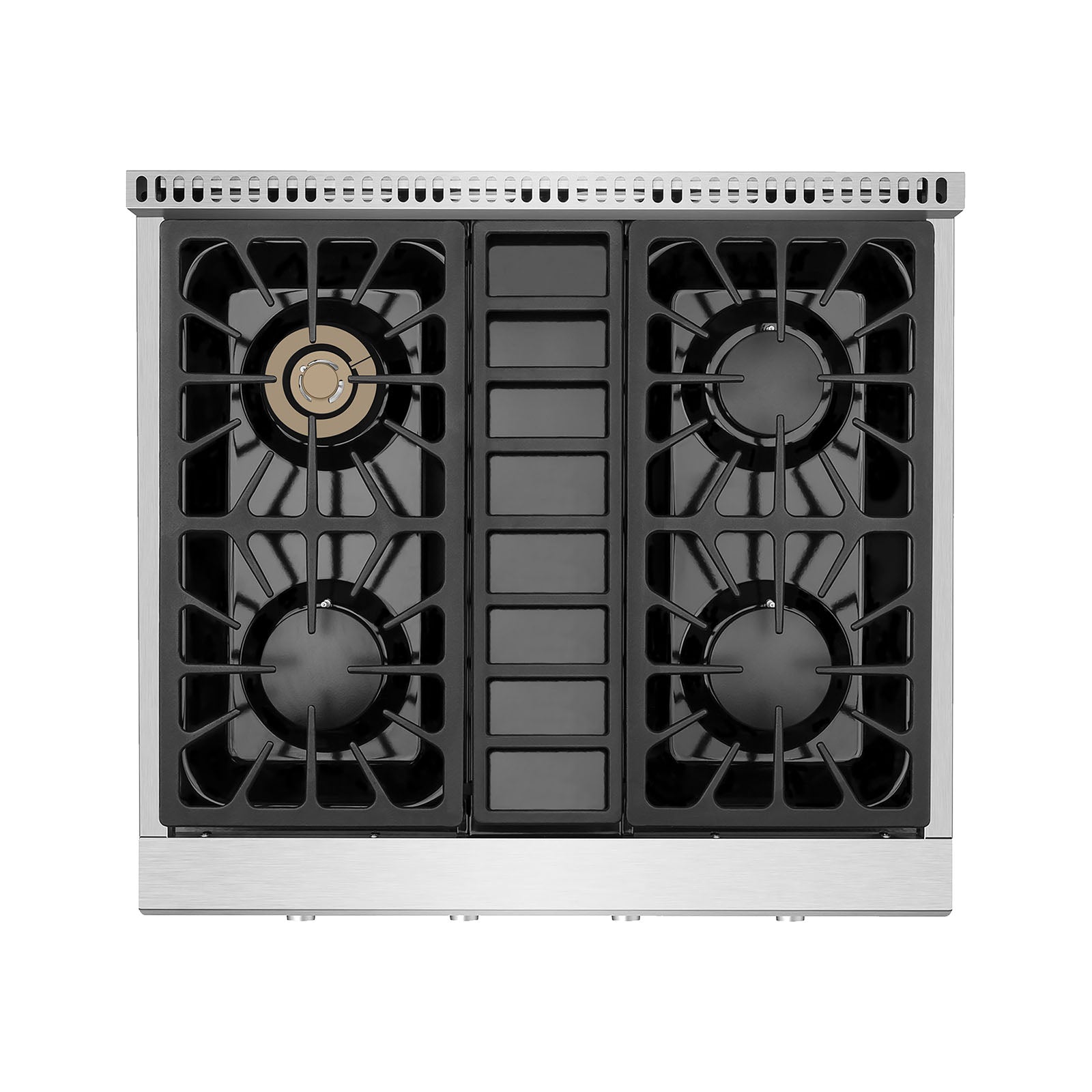 Top-down view of the Empava Pro-style 30 in. Slide-in Gas Cooktop featuring a stainless steel surface and four burners arranged in two columns. Each burner is topped with black grates, with the top-left burner showcasing a distinctive brass ring. Designed for compatibility with both LPG and NG energy sources, this cooktop offers a sleek and modern aesthetic.