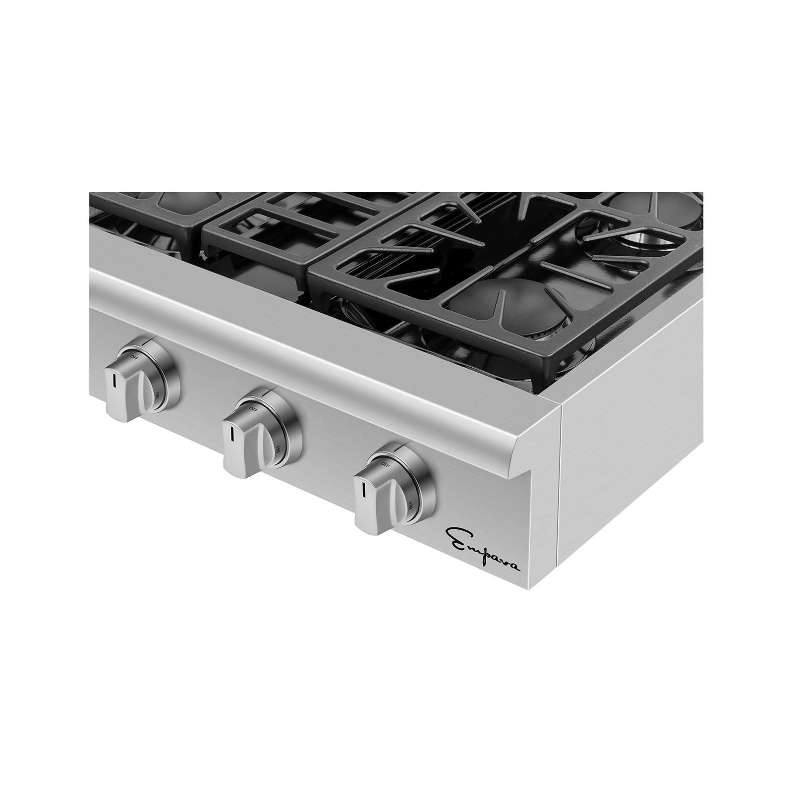 A close-up view of the Empava Pro-style 30 in. Slide-in Gas Cooktop, featuring three burners, control knobs, and black cast iron grates. The sleek and polished stainless steel surface highlights the brand logo in the bottom right corner of the cooktop. Suitable for both NG energy sources and LPG.