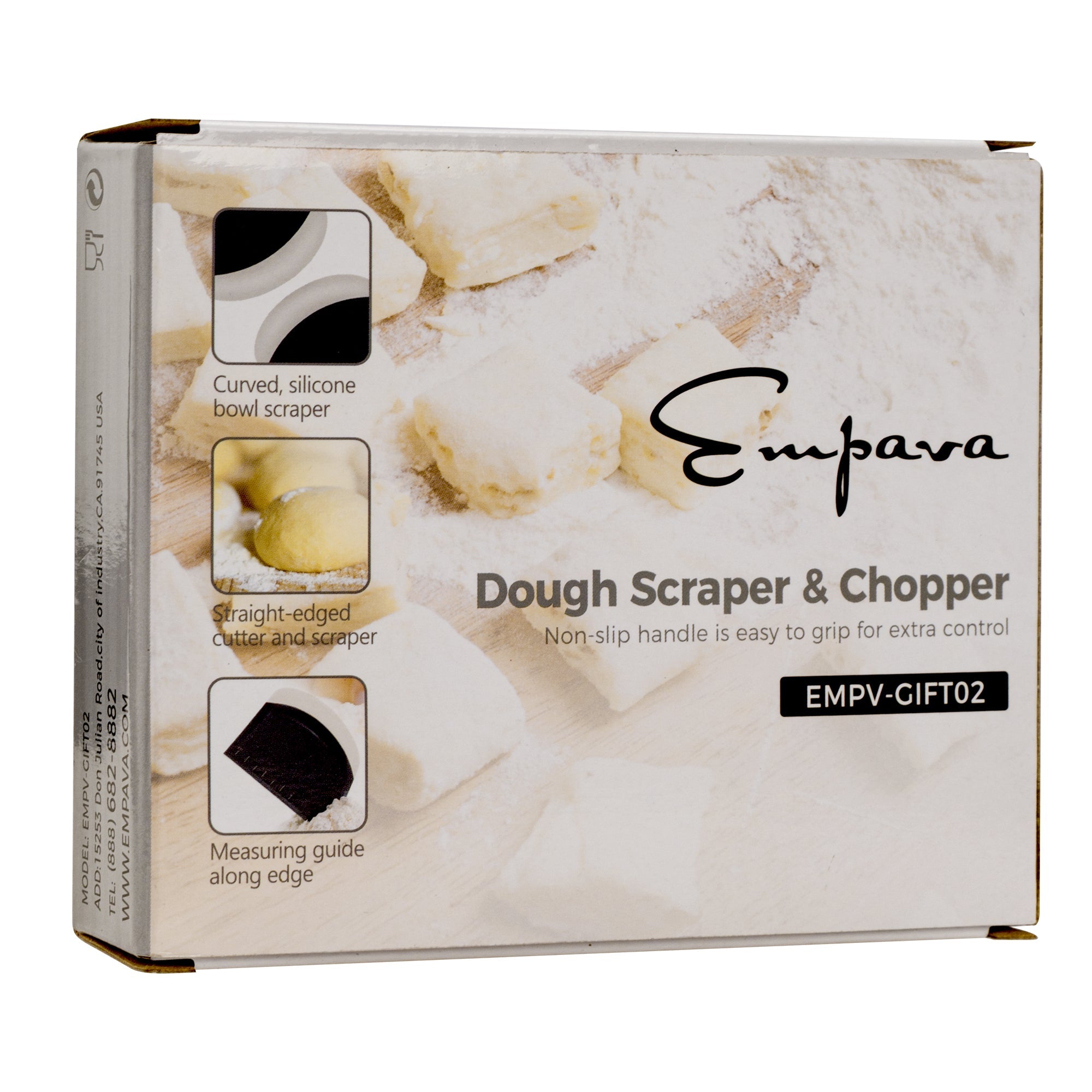 A white box labeled "Empava Pro Pastry Dough Scraper & Chopper EMPV-GIFT02." The box features images of dough being cut and highlights the tools inside: a curved silicone bowl scraper, a straight-edged cutter and scraper, and a measuring guide along the edge.