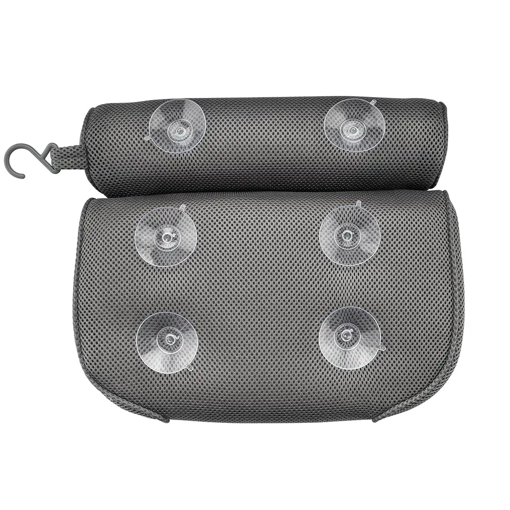 The Soft Bathtub Pillow for Whirlpool Spa Tubs is a Dark Grey mesh back rest equipped with six clear suction cups for secure attachment. It also includes a cylindrical padded headrest along with an integrated hook for convenient hanging.