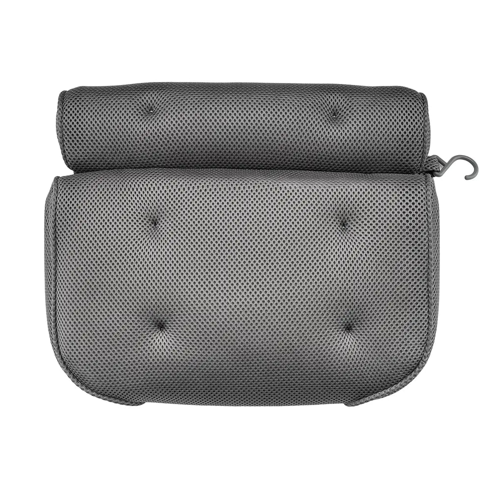 The Soft Bathtub Pillows For Whirlpool Spa Tubs is displayed in Dark Grey with a cushioned design and a mesh cover. It features a rectangular shape with an elevated upper section for head support and includes a convenient hook on the side for hanging. The surface of the pillow has multiple button-like indentations.