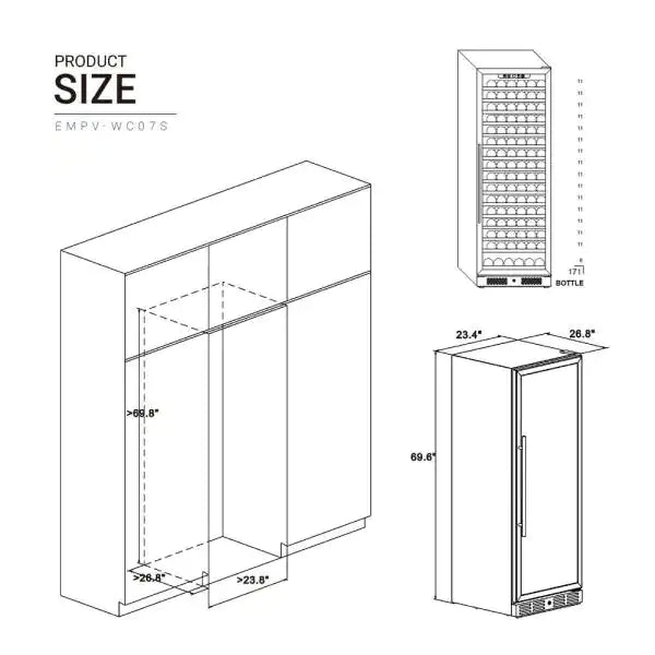 A technical drawing of the Empava Wine Cooler 70" Tall Wine Fridge (EMPV-WC07S) depicting its dimensions and temperature control features. The cooler measures 23.4 inches in width, 26.8 inches in depth, and 69.6 inches in height. With an enormous capacity, it can hold up to 171 bottles and fits within a cabinet space of 23.8 inches in width.