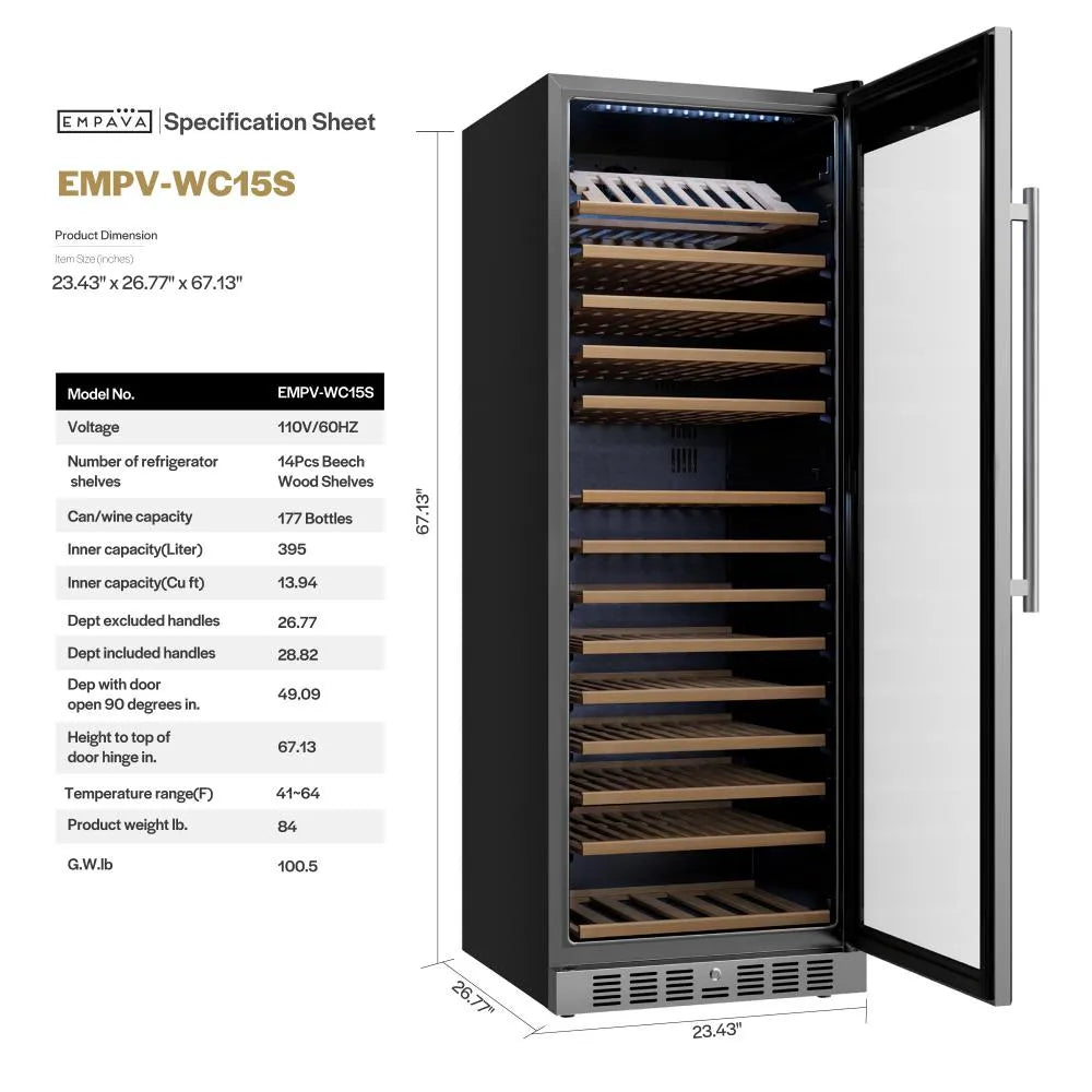 Vinoteca Empava de 24 pulgadas, refrigerador de vinos de 67 pulgadas de alto