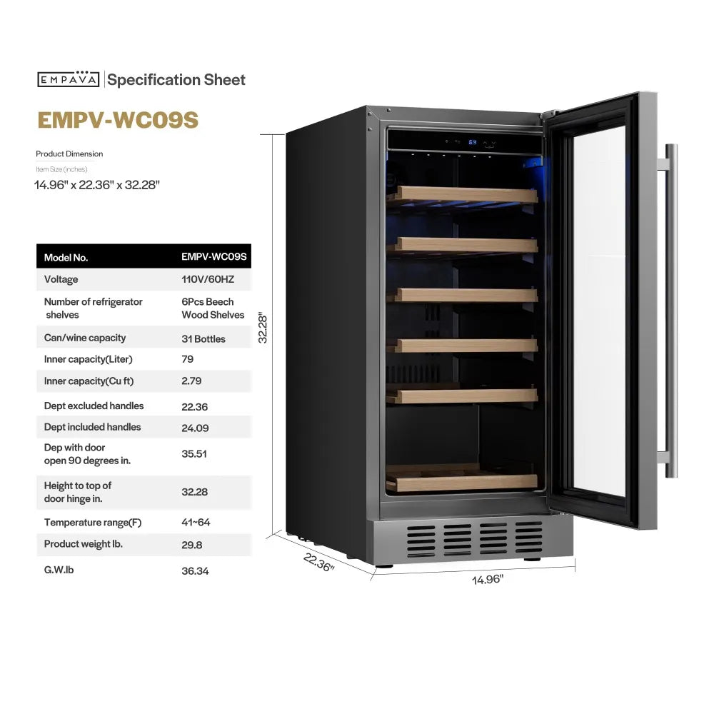 Empava 15 Inch Wine Cooler Wine Fridge 31 Bottles