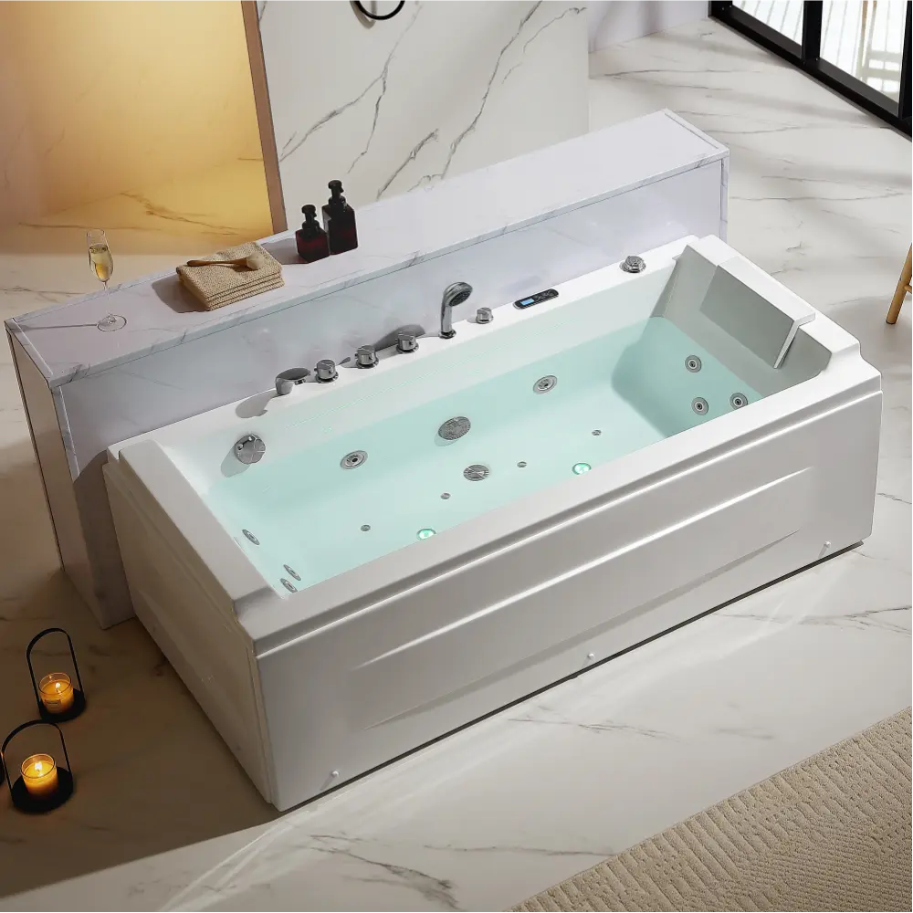 71" Alcove LED Whirlpool Bathtub with Brushed Nickel Fixtures and Center Drain
