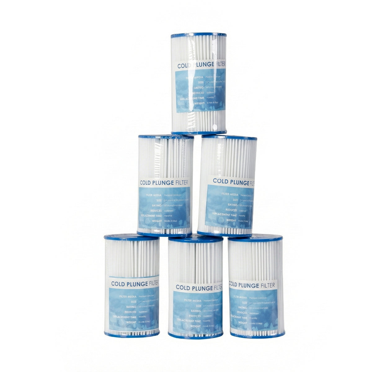 Empava cold plunge replacement filters, 6-pack of blue and white water filter cartridges arranged in a stacked display.