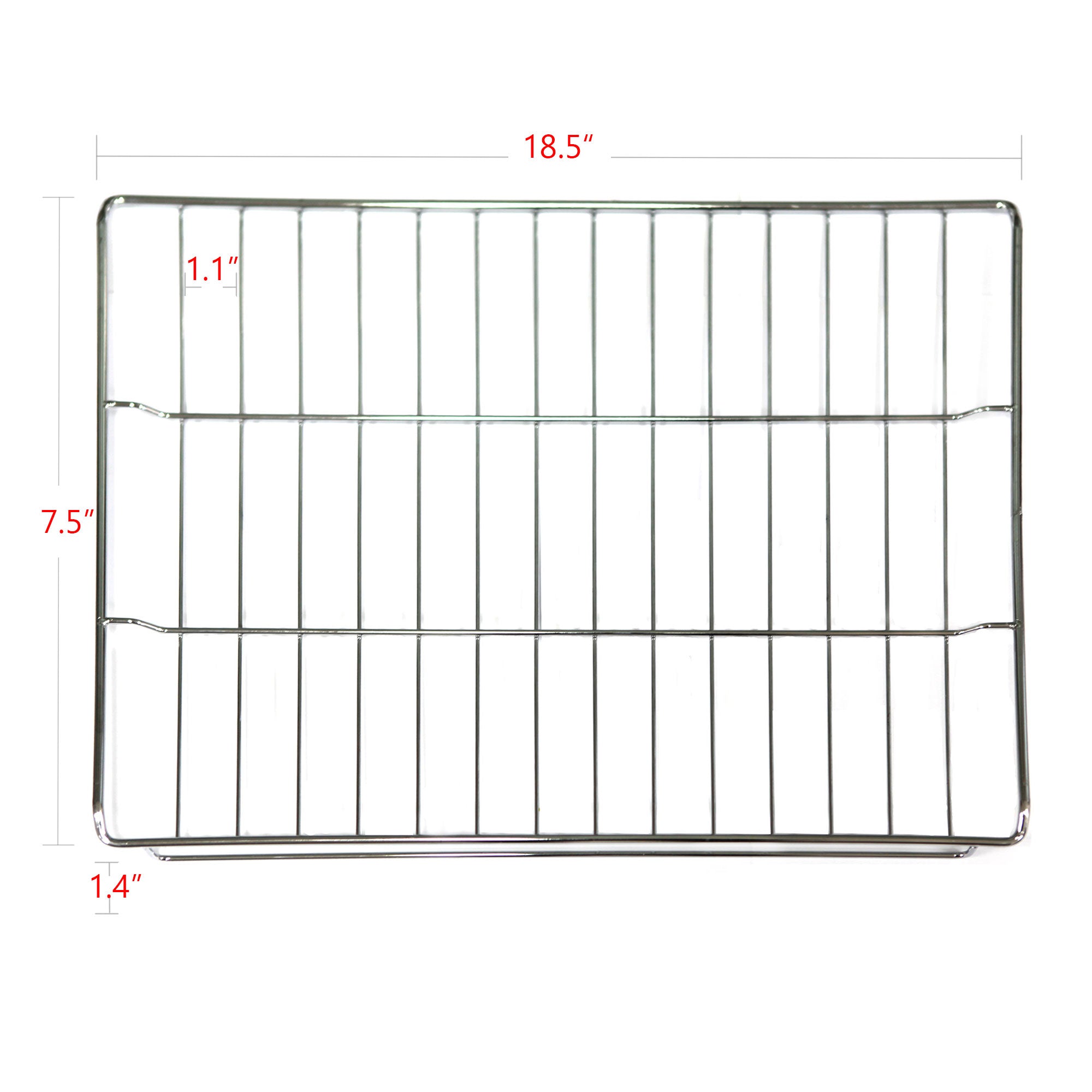 The Empava 24 Inch Wall Oven Rack is a rectangular metal rack measuring 18.5 inches in width, 7.5 inches in height, and has a depth of 1.1 inches, featuring horizontally and vertically aligned wires.