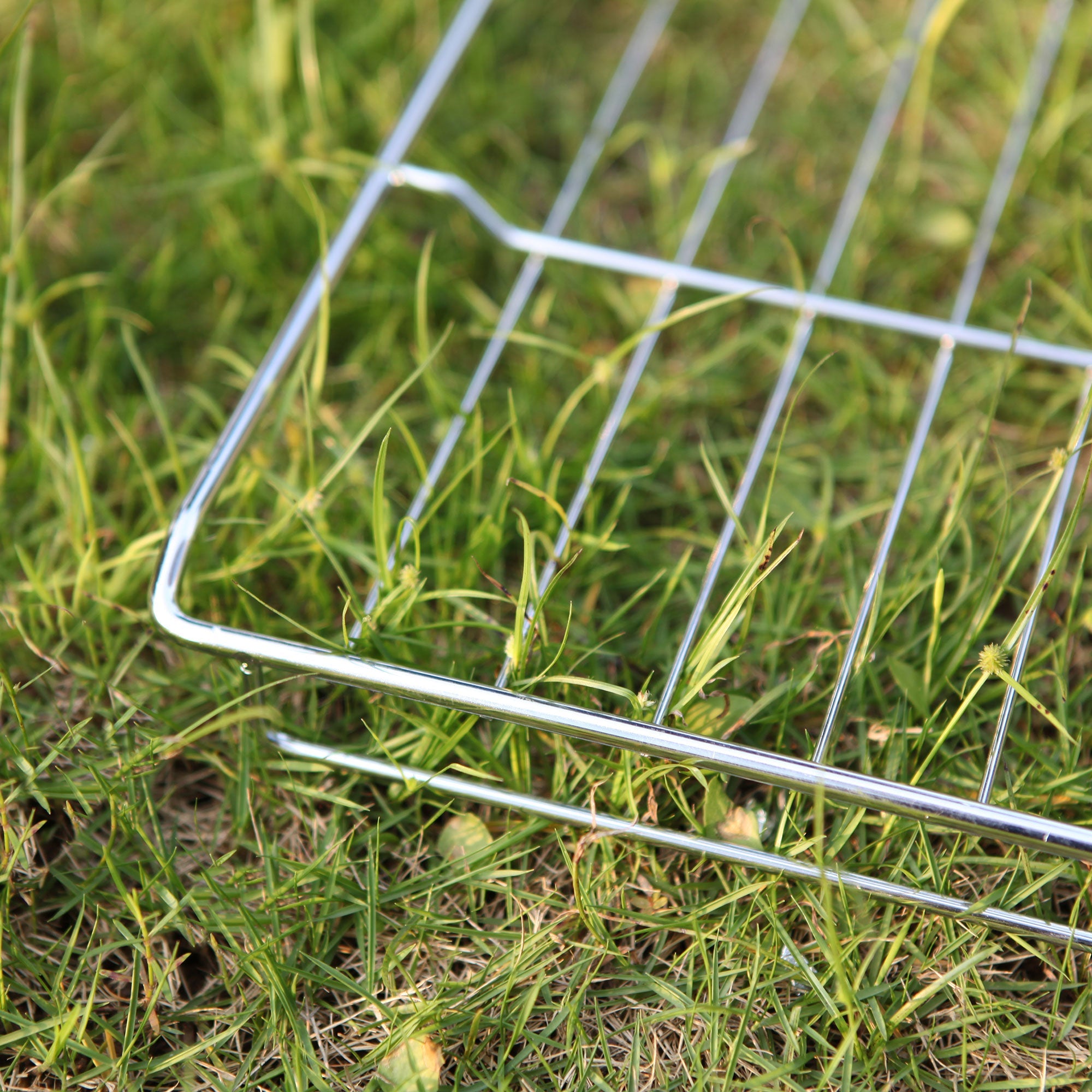 A detailed close-up of the Empava 24 Inch Wall Oven Rack resting on a bed of green grass. The rack is slightly angled, allowing glimpses of grass through its metallic gaps. The setting is outdoors, bathed in natural sunlight that illuminates the scene.