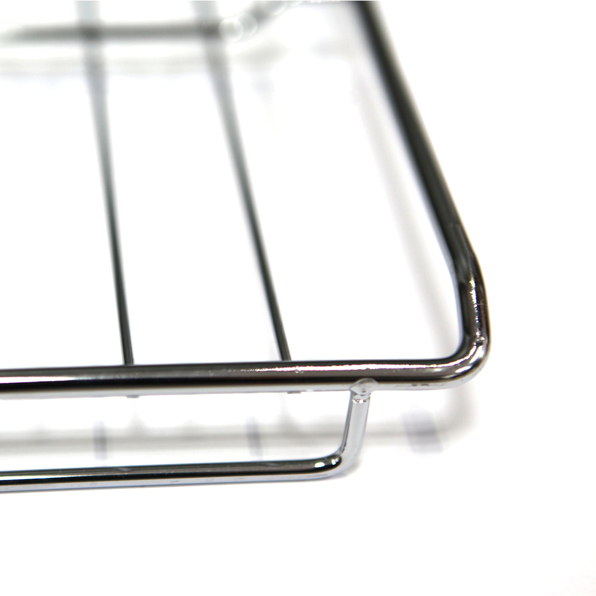 Close-up of the Empava 24 Inch Wall Oven Rack corner, showcasing its shiny chrome finish and simple, clean lines. The focus is on the right edge of the rack, capturing details of its construction against a plain white background.