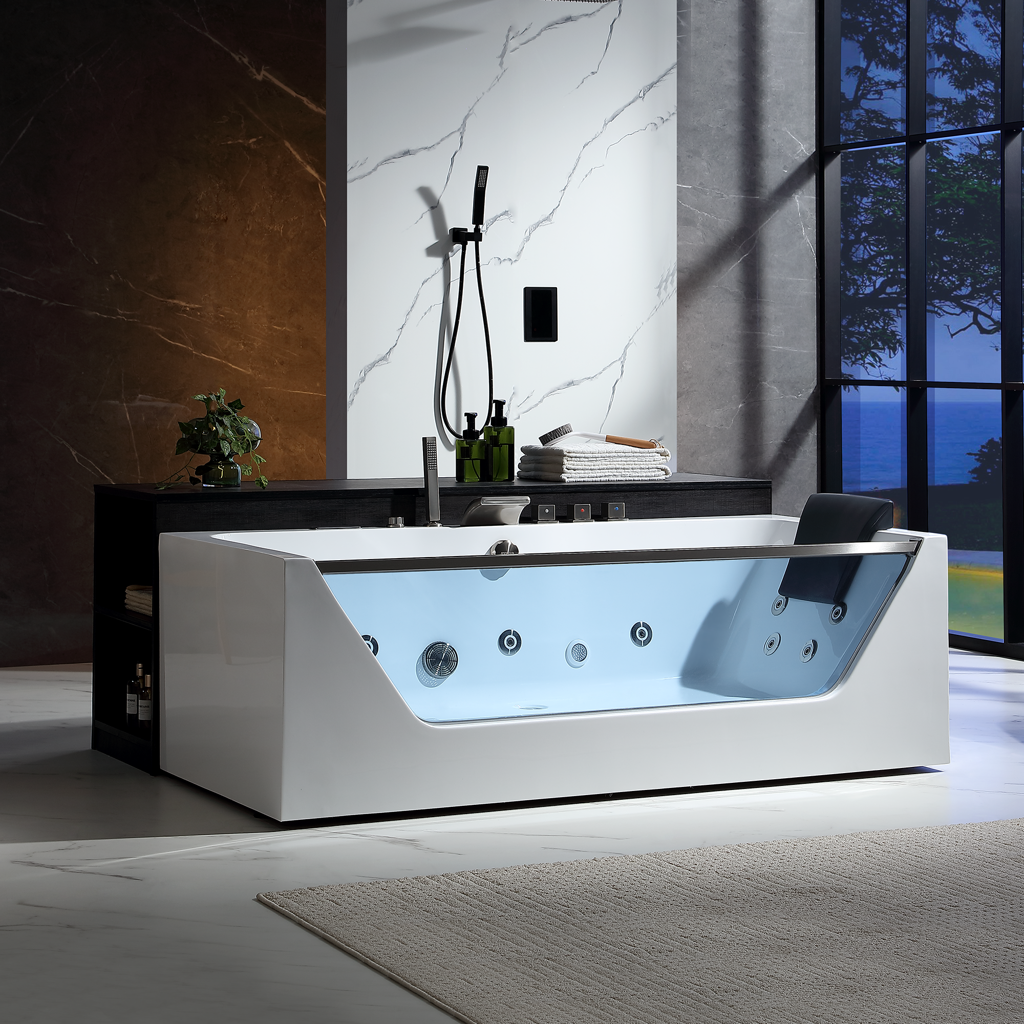 Empava 71 inch Alcove Whirlpool Jetted Bathtub with Inline Heater, LED Lights & Glass Panel